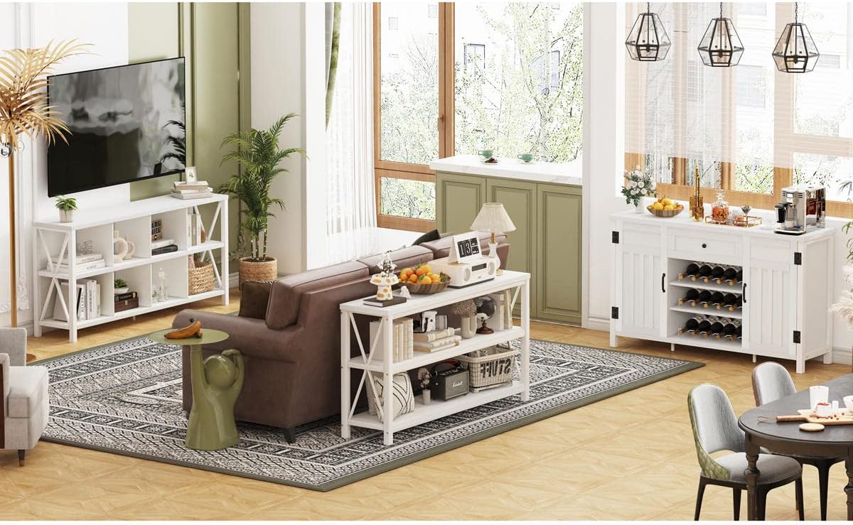 FATORRI 8 Cube Storage Organizer Bookshelf, Rustic Wood Cubby Bookcase, Industrial Horizontal Long Shelf for Living Room (White Oak, 62 Inch)