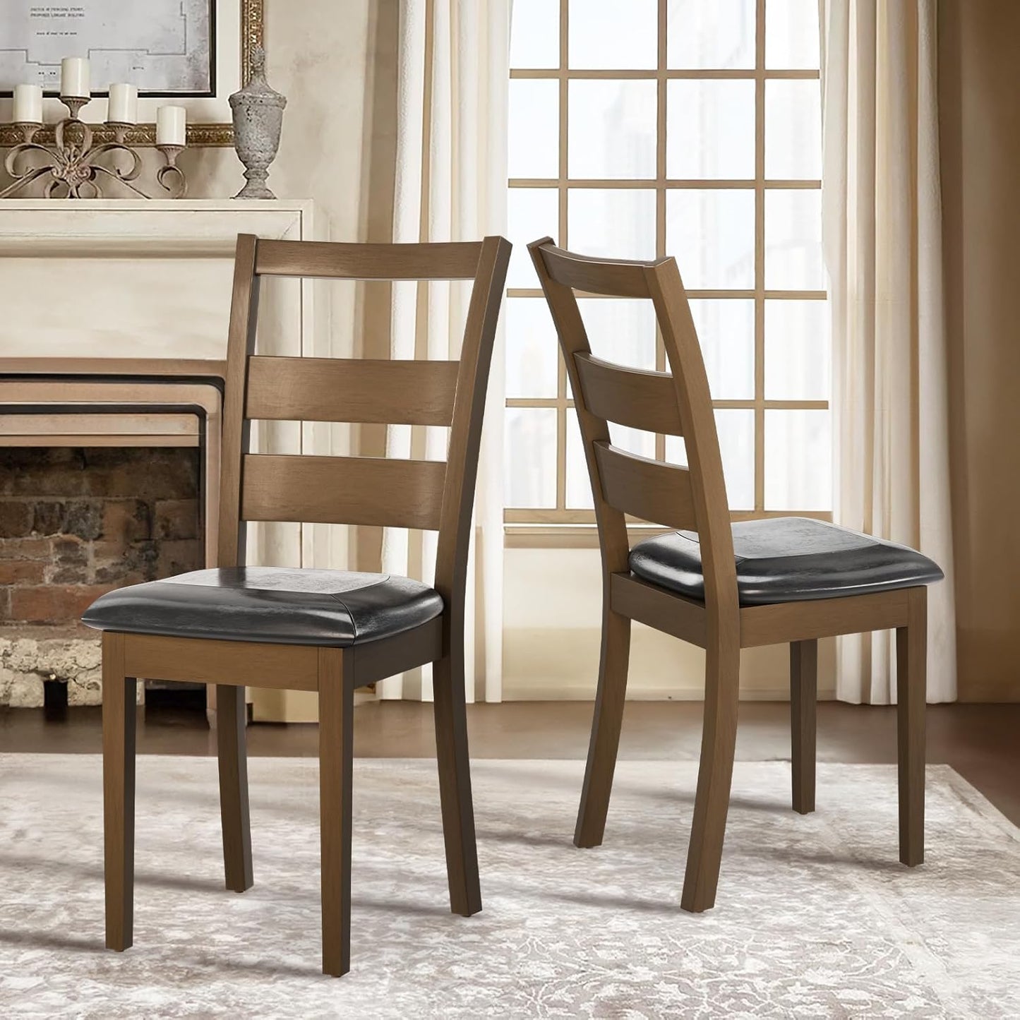 COLAMY Farmhouse Dining Chairs Set of 4, Upholstered Kitchen Chairs with Ladder Back, Modern Wood Side Dining Room Chairs with Wooden Legs for Rustic Restaurant, Dark Brown