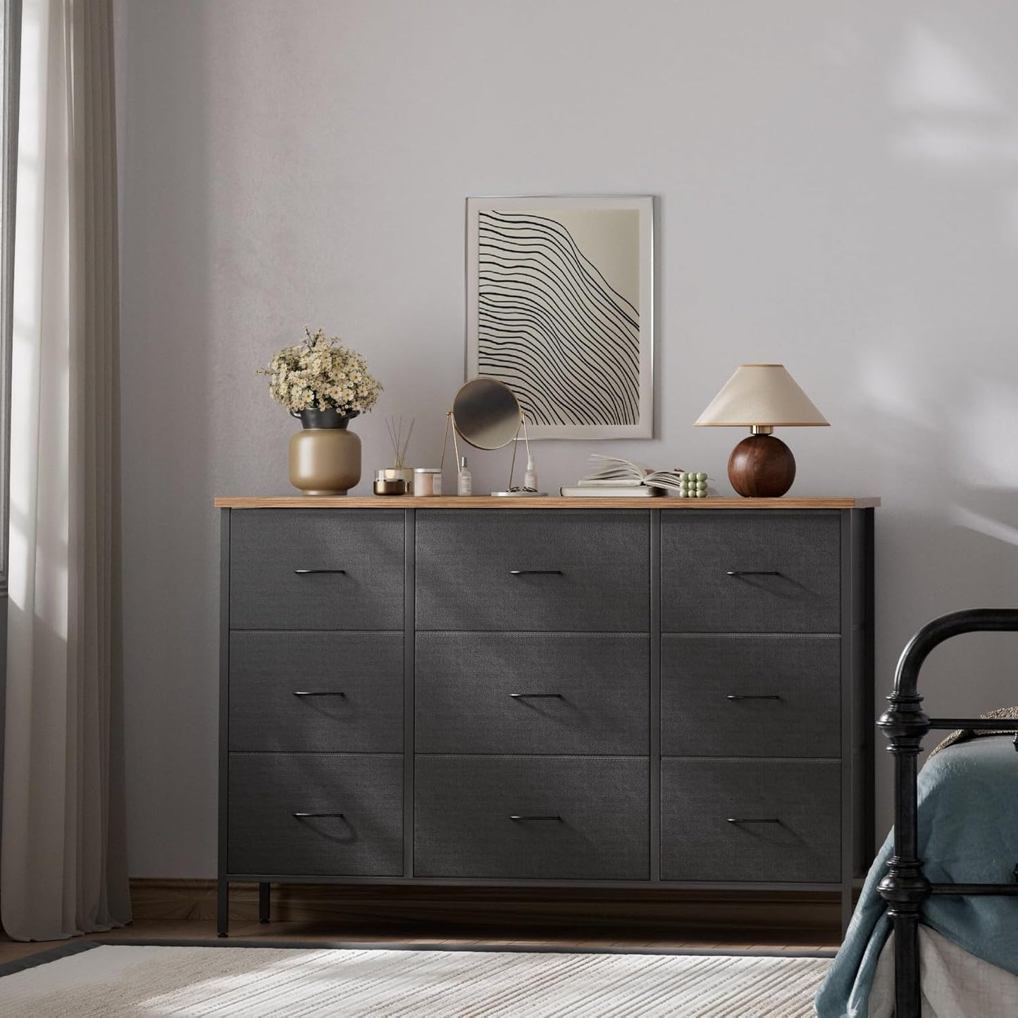 Wide TV Stand for Bedroom, Dresser with 9 Deep Drawers, Fabric Storage Cabinet, Modern Chest of Drawers for Closet, Nursery, Living Room(Black)