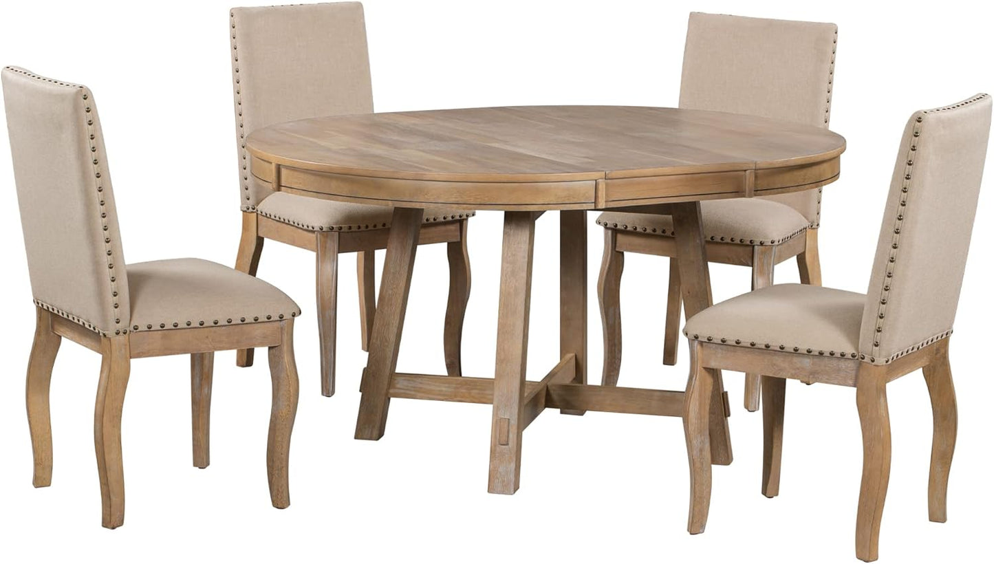Merax 5-Piece Farmhouse Dining Furniture Set, Wooden Round Extendable Table, and 4 Upholstered Chairs, Natural Wood Wash
