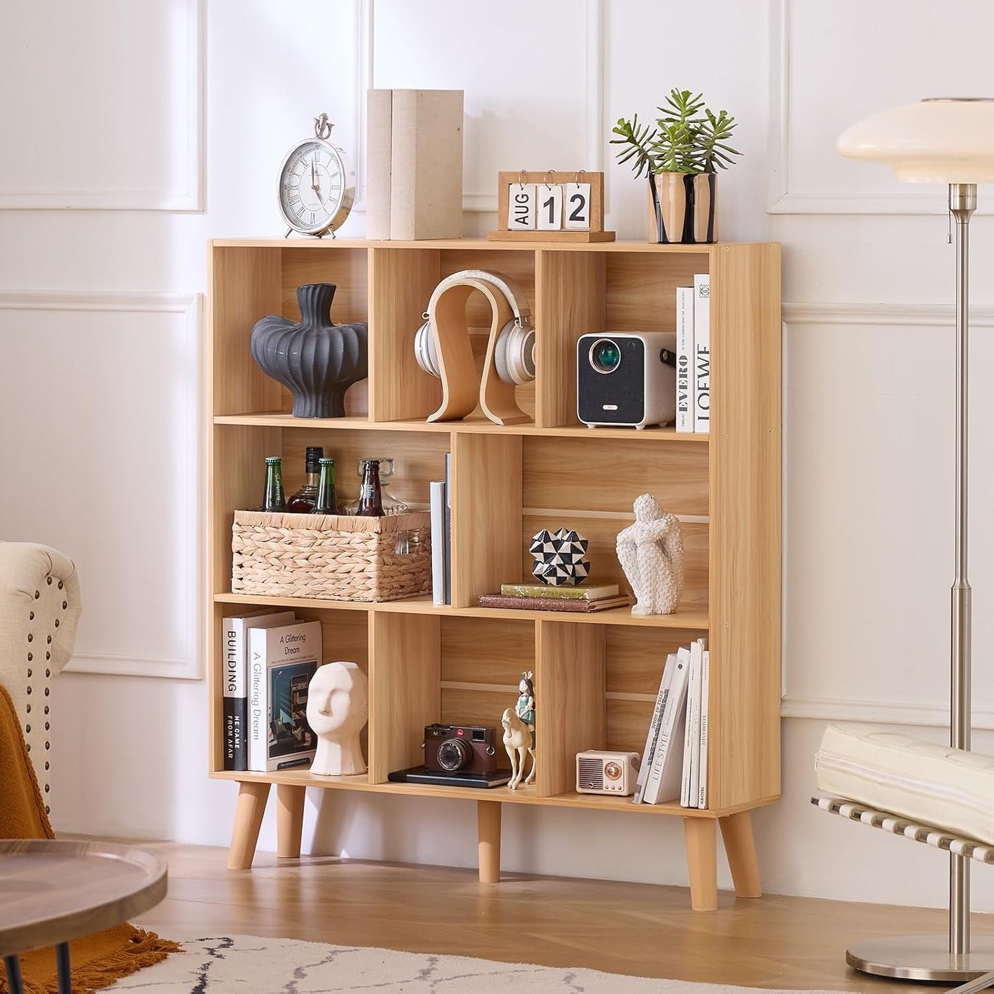 LEYAOYAO Wooden 8 Cube Book Shelf, Natural 3 Tier Bookshelf with Legs, Modern Open Storage Organizer,Boho Bookcase,Display Cabinet Shelf Free Standing Bookshelves for Bedroom,Living Room,Office