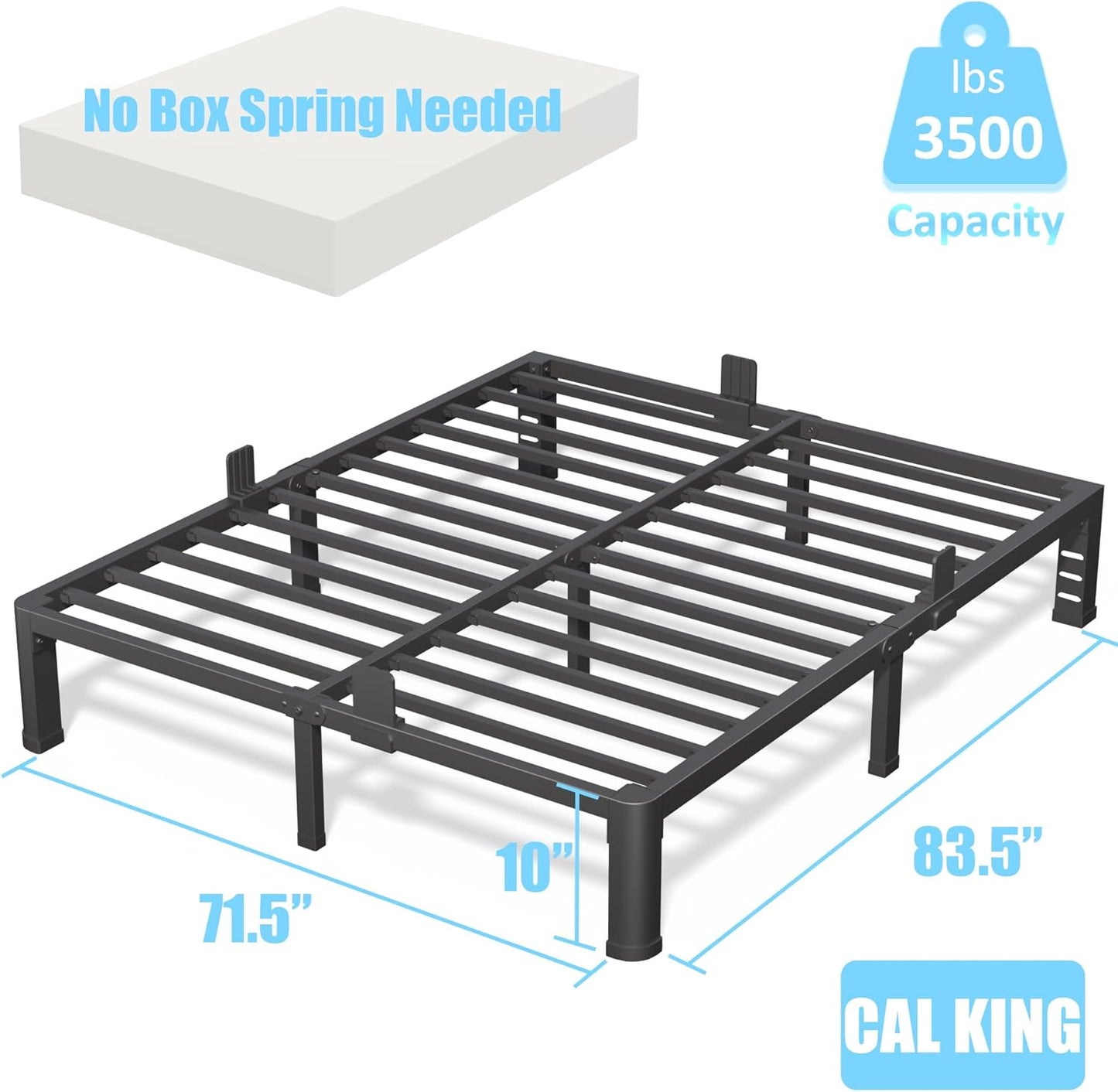 10 Inch California King Bed Frame with Rounded Corner and Headboard Hole Mattress Retainers 3500 LBS Metal Heavy Duty Steel Slats Support No Box Spring Needed Platform Noise Free Easy Assembly