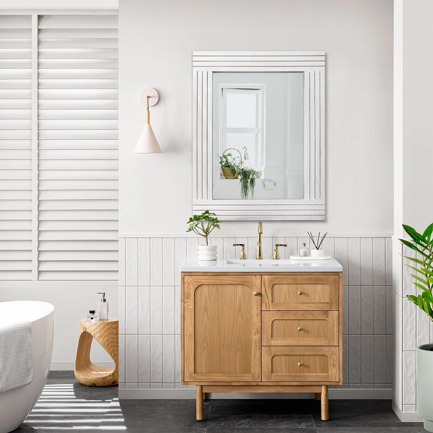 Large Rustic Wall Mirror, Rectangular Vintage Wood Framed Large Mirror Deco Farmhouse Living Room Bathroom Bedroom Entrance Mirror White 26" x 18"