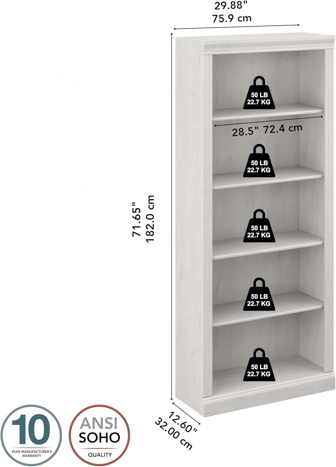 Bush Furniture Saratoga Tall 5 Shelf Bookcase in Linen White Oak, Home Office Organizer, Vertical Storage Solution for Books and Office Supplies, Tall Bookshelf