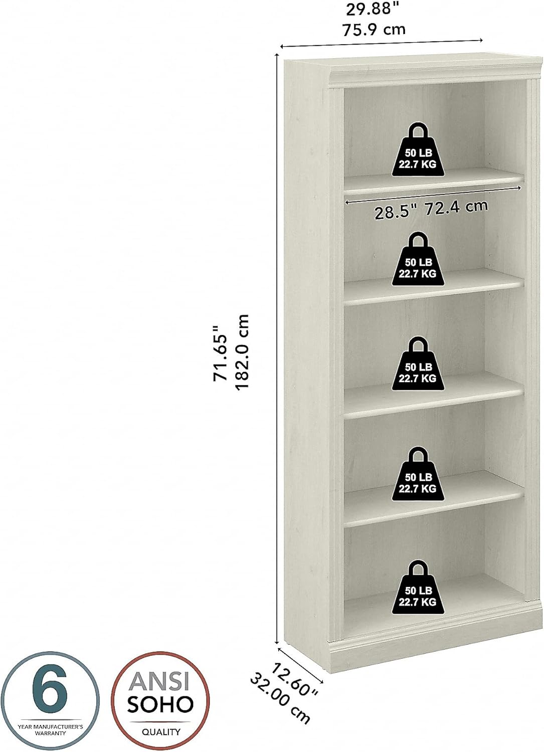 Bush Furniture Saratoga Tall 5 Shelf Bookcase in Linen White Oak, Home Office Organizer, Vertical Storage Solution for Books and Office Supplies, Tall Bookshelf