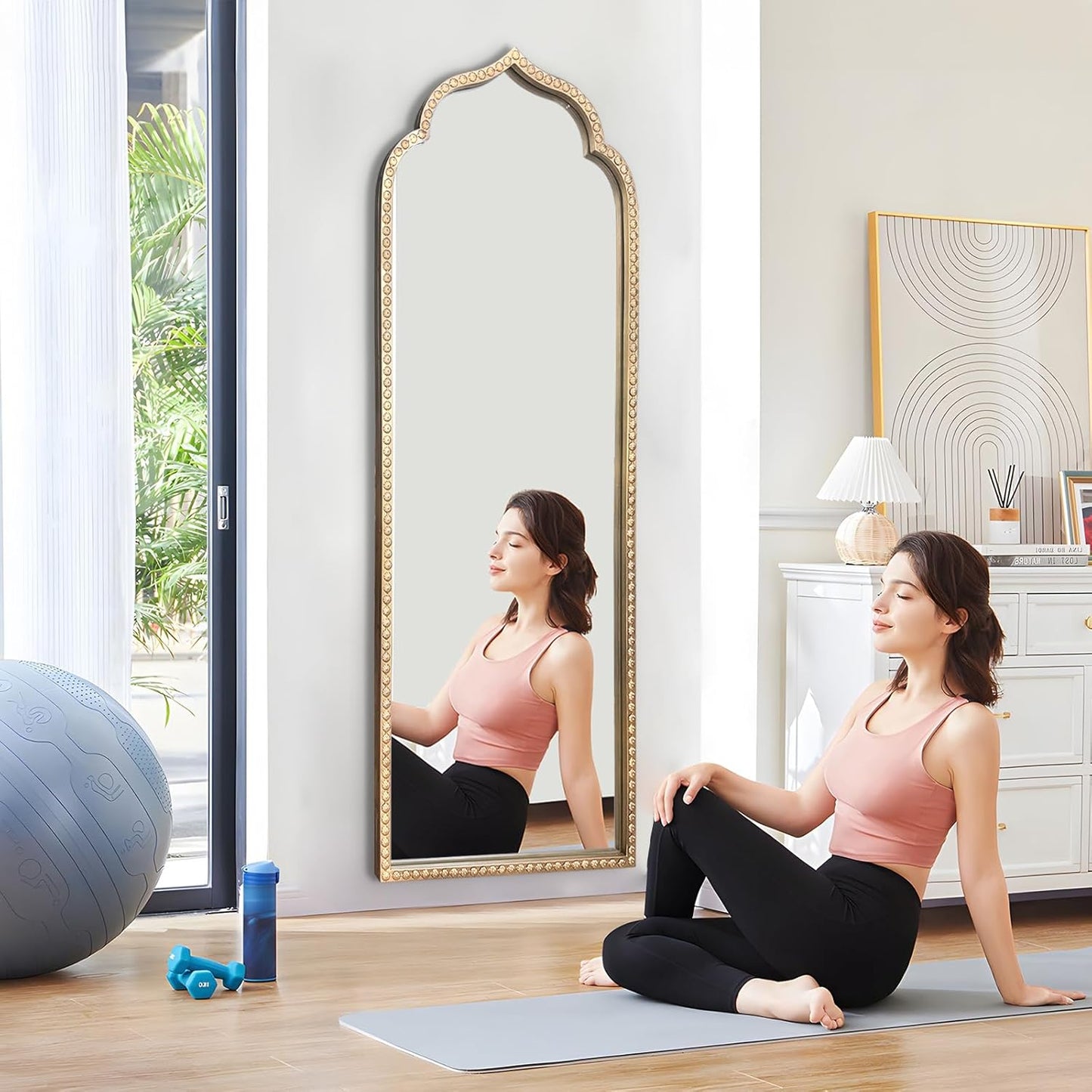 Large Gold Arched Mirror, 21"x64" Arch Standing Floor Mirrors for Dressing, Metal Beaded Frame Vintage Mirror, Scalloped Full Length Mirrors for Living Room Bedroom Hallway Entryway