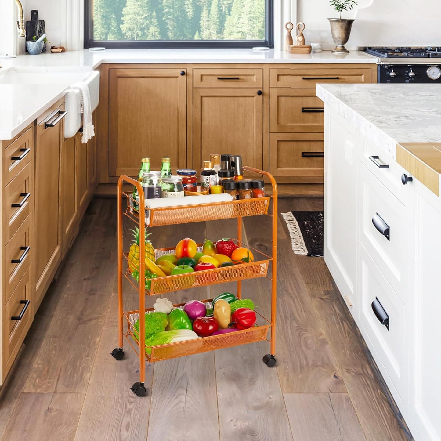 3-Tier Metal Rolling Cart, Storage Shelf with Lockable Caster Wheels, Mobile Storage Cart Used for Kitchen, Bathroom, Livingroom(Orange)