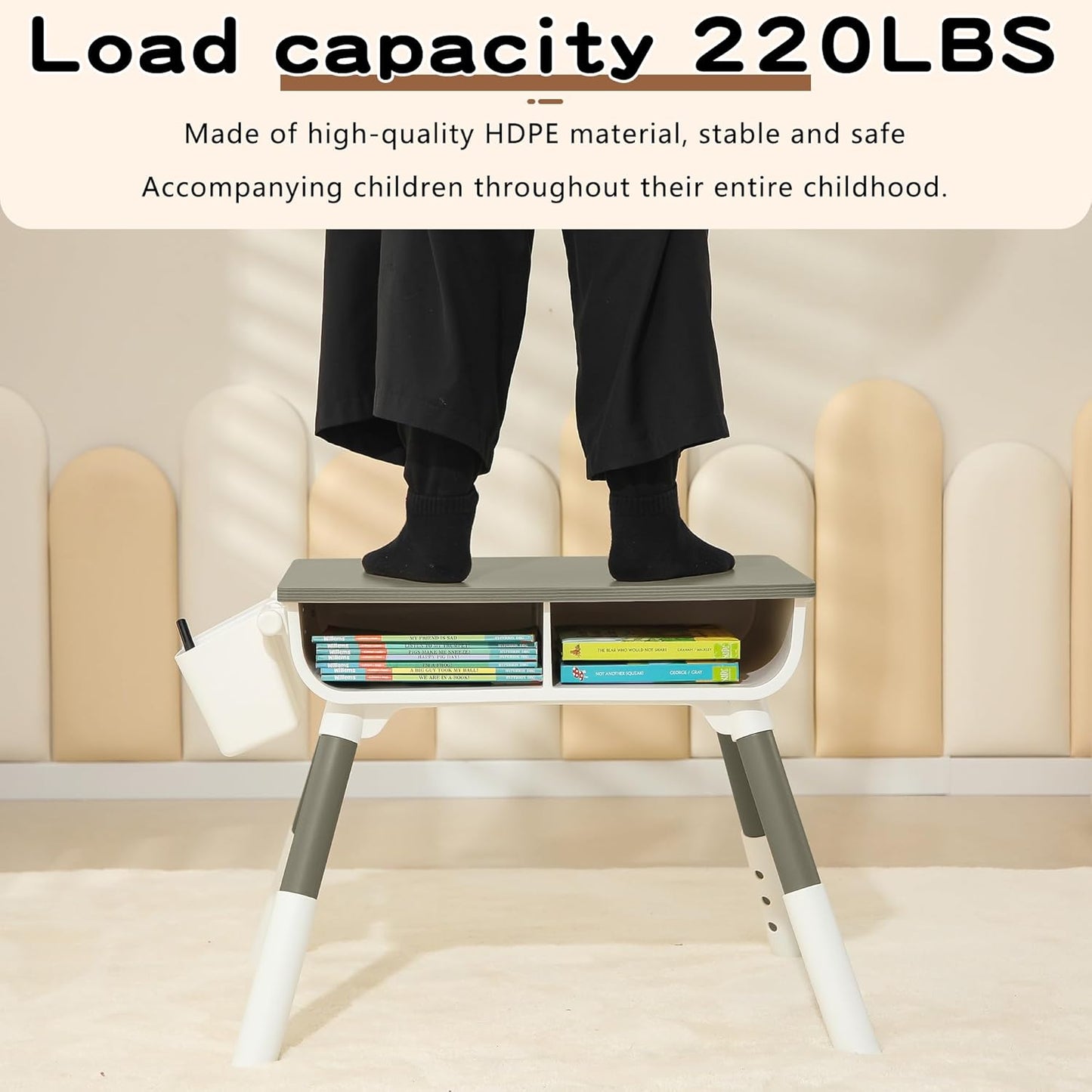 Kids Study Desk and Chair set Height Adjustable Graffiti Desktop Storage Drawer Storage Basket non Slip Legs Suitable for Max Weight of 220 Pounds Suitable for Children Aged 2-10(Dark grey 2Chair)