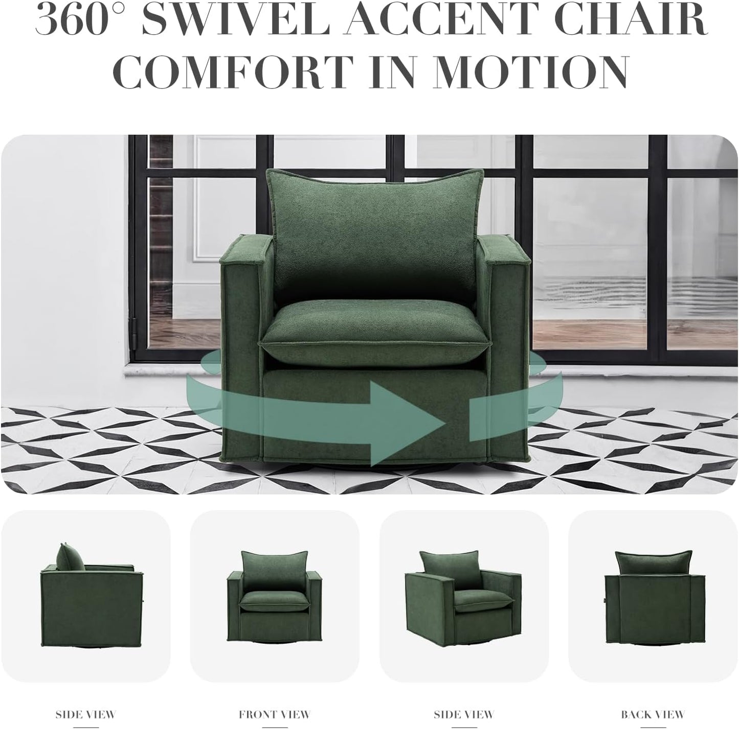 COLAMY Swivel Accent Chair Set of 2, 34 Inches Wide Upholstered Arm Chair with Plump Back Pillow, Modern Sofa Living Room Chair for Bedroom, Corner, Reading Nook-Green