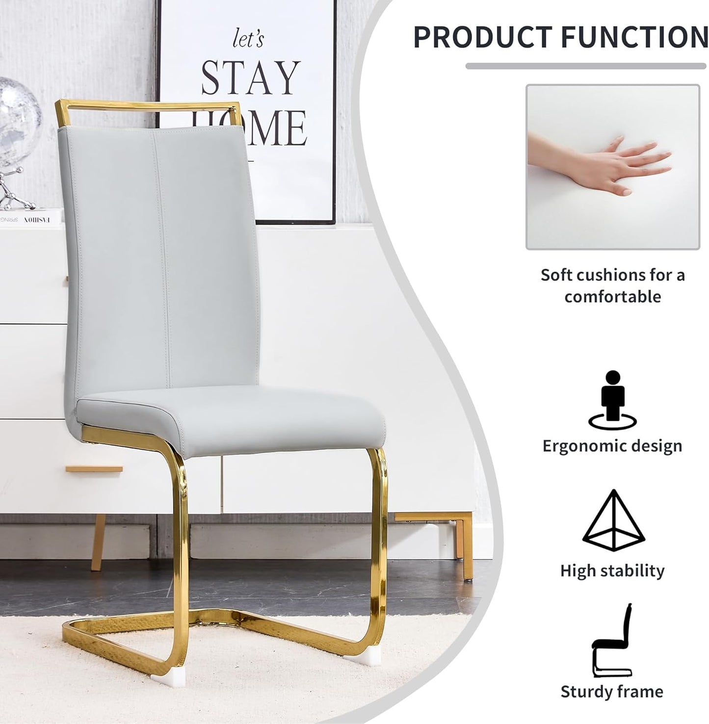 Dining Chairs Set of 8, Faux Leather with Plated Chrome Metal Frame, Modern Kitchen Chairs with Padded Seat High Back for Dining Room, Kitchen, Living Room