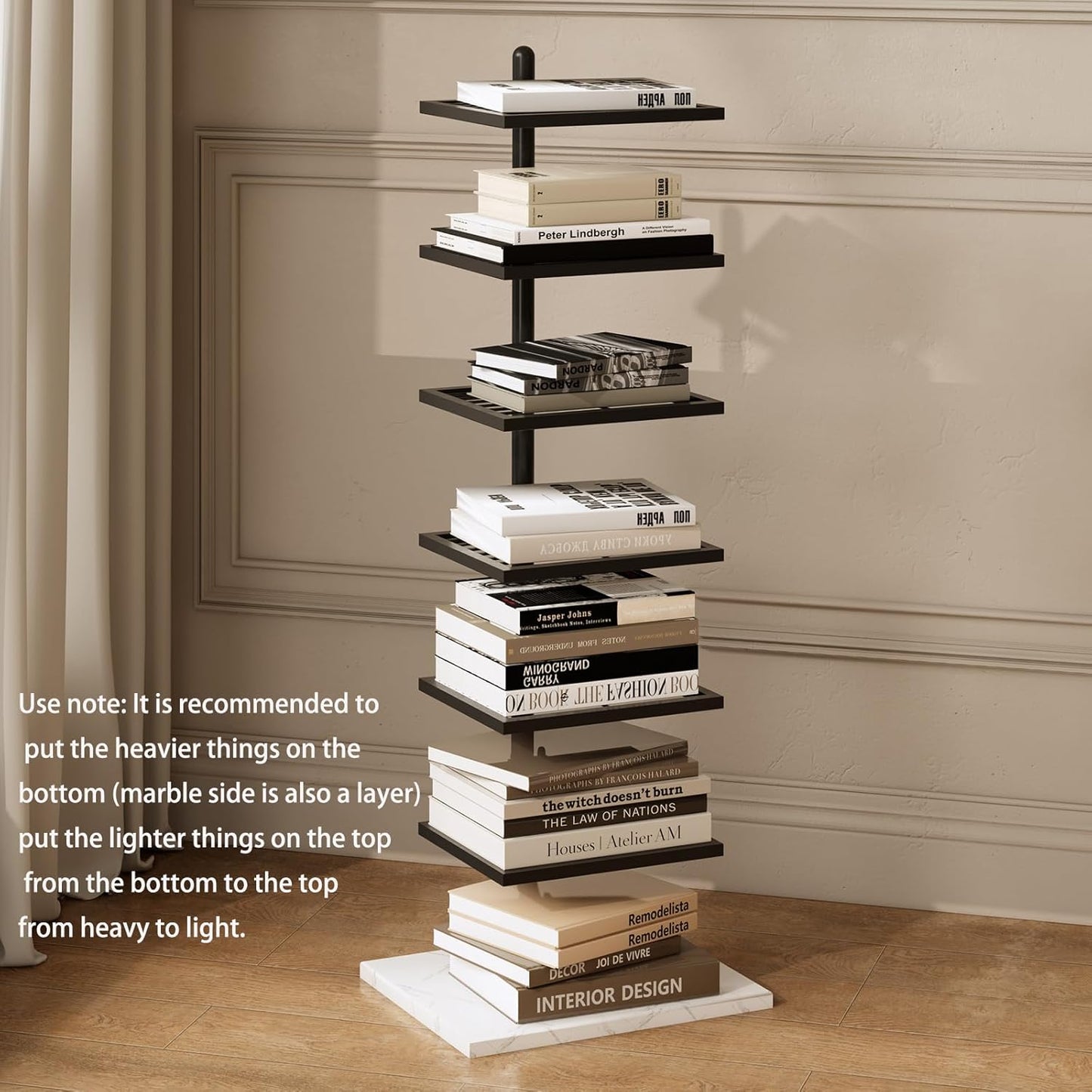 Vertical Bookshelf,Metal Spine Book Tower,Small Bookshelf for Small Spaces,Floor-Mounted Invisible Shelves with Marble Base for Living Room Bedroom Office