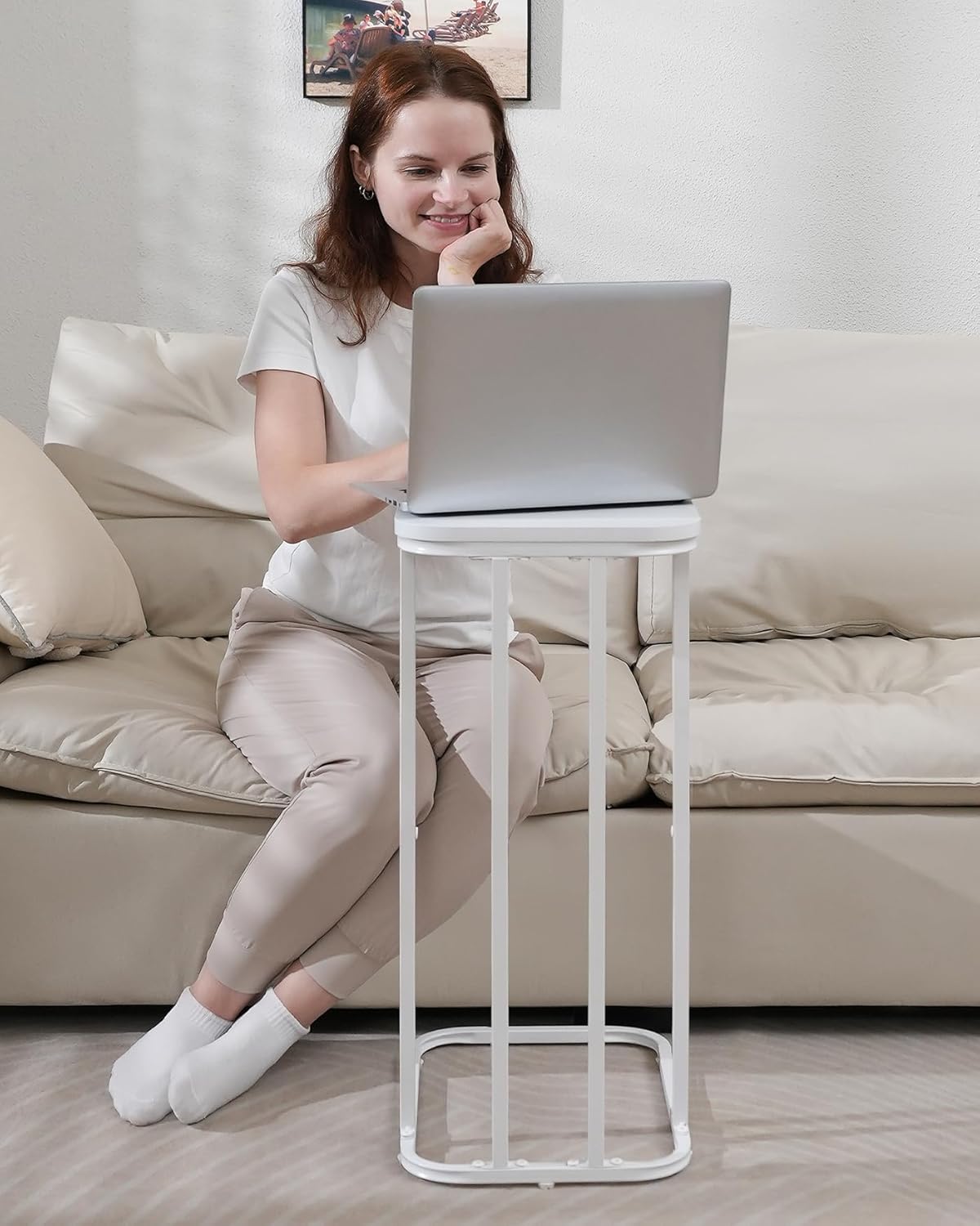 C Shaped End Table Set of 2, Small Side Table for Sofa and Bed, Couch Tables That Slide Under, Tall Tv Tray Table for Living Room, Bedroom, Snow White