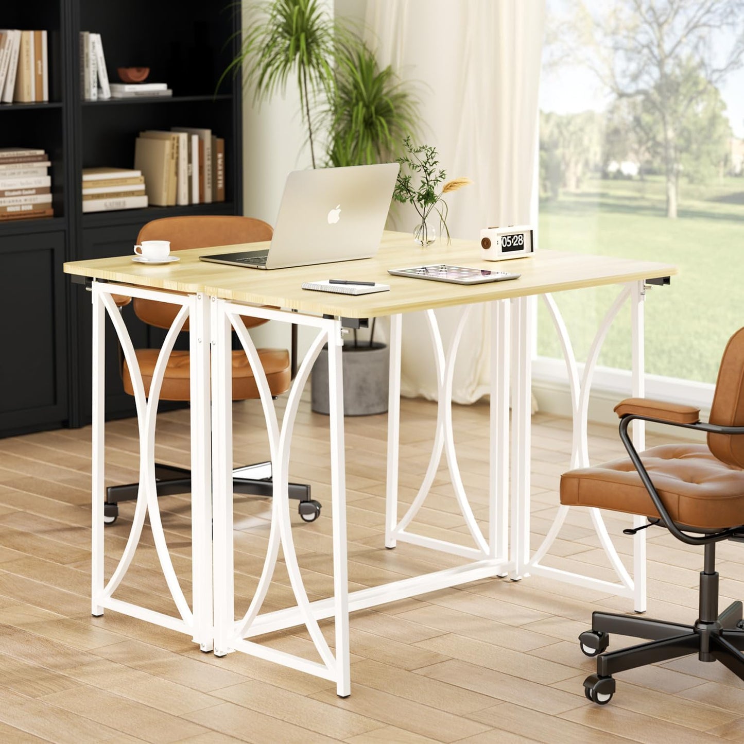 Mini Desk, 31.5" Small Desk for Bedroom, Foldable Desks for Small Spaces & Home Office, Easy Assembly, Beige Floor Patten
