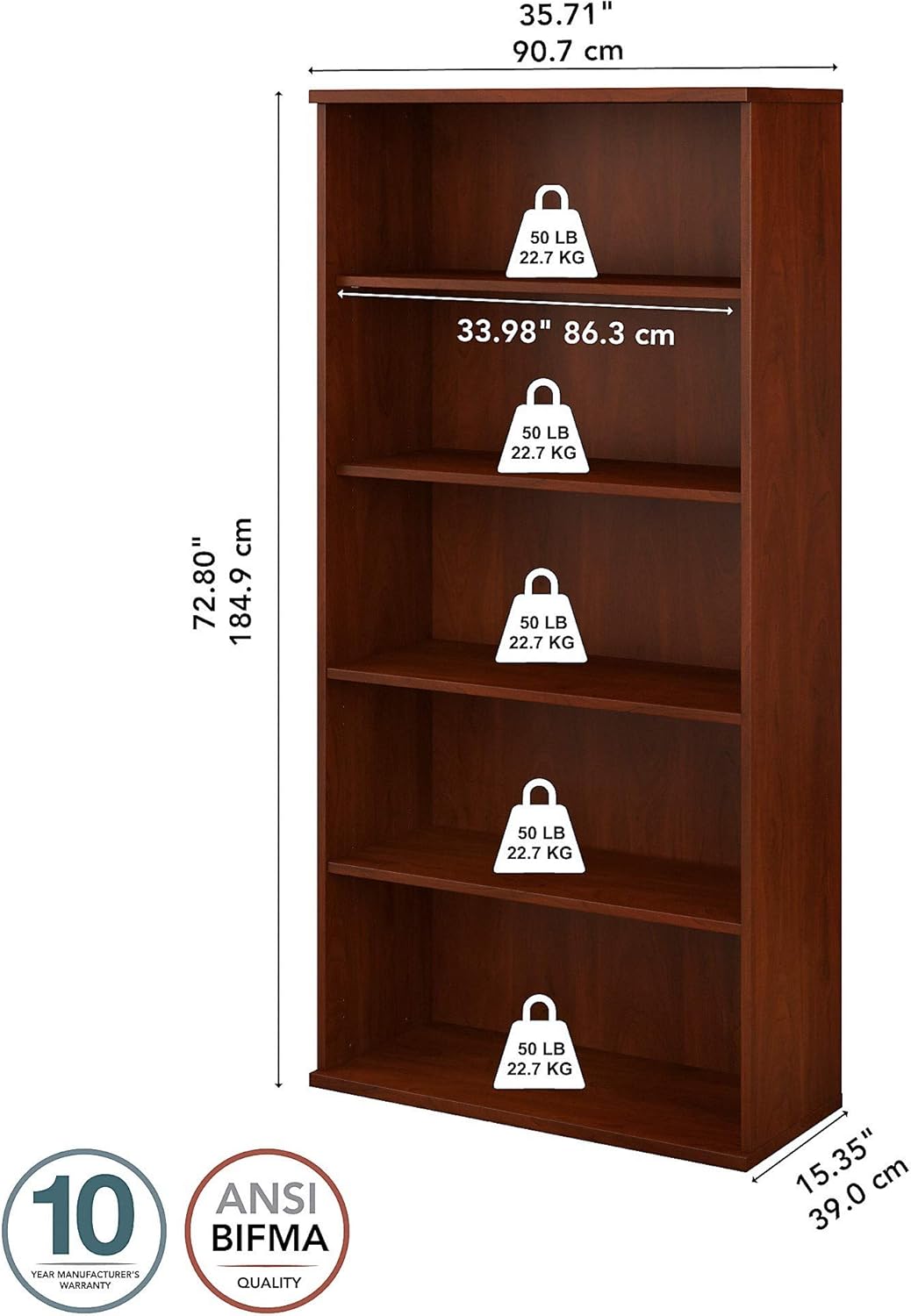 Bush Business Furniture Studio C Tall 5 Shelf Bookcase in Hansen Cherry, Large Bookshelf for Home or Professional Workplace Organization