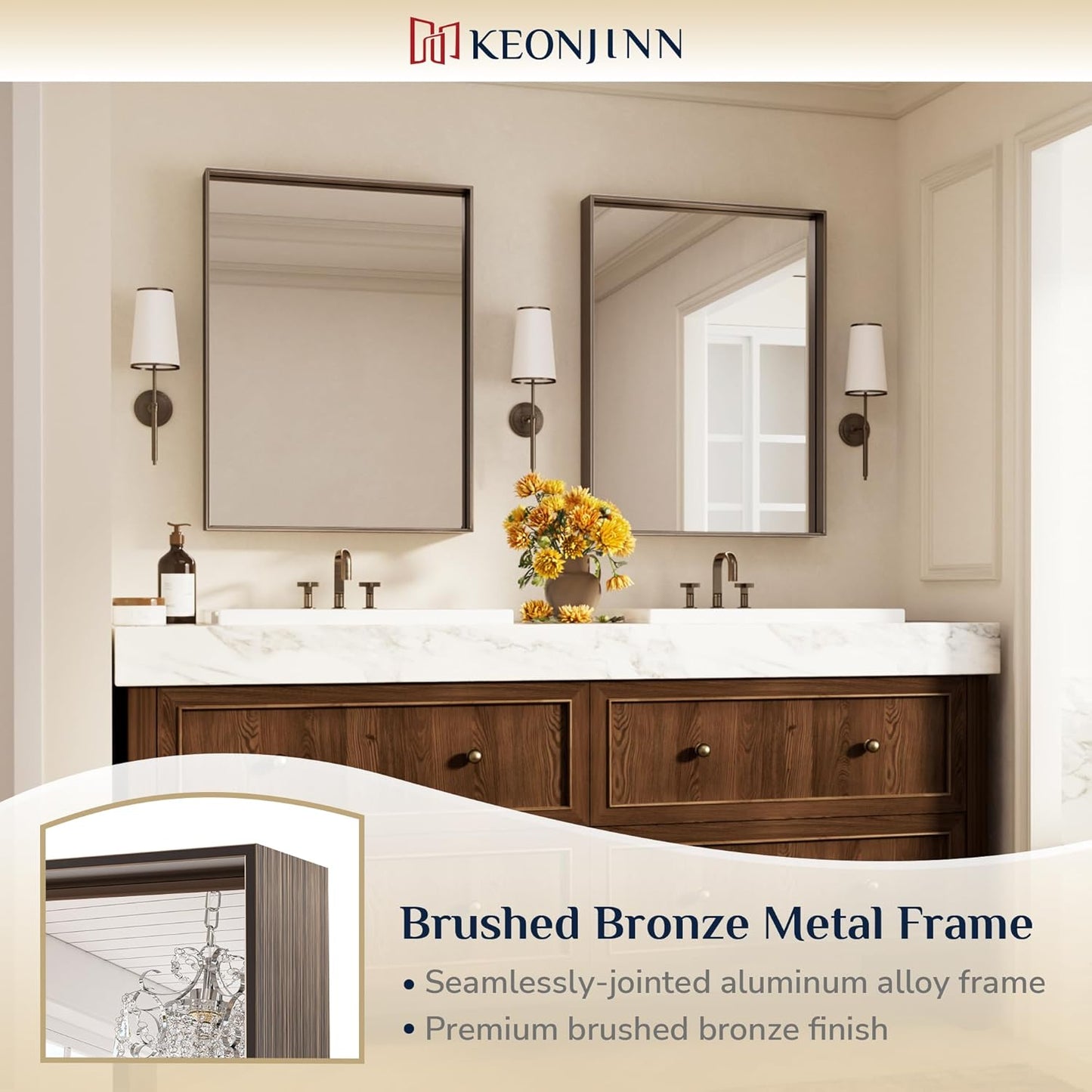 Keonjinn 24 x 32 Inch Brushed Bronze Mirror, Rectangle Bathroom Vanity Mirror for Wall, Aluminum Alloy Framed, Modern Farmhouse, Rectangular Square Corner, Decorative(Horizontal/Vertical)