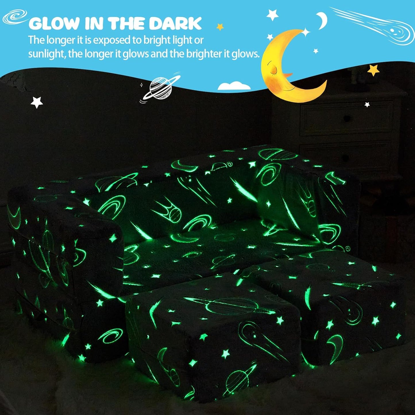 Kids Couch Sofa Modular Toddler Couch, Glow in The Dark 3 in 1 Fold Out Kids Sofa with Washable and Durable Covers for Boys, Galaxy Stars
