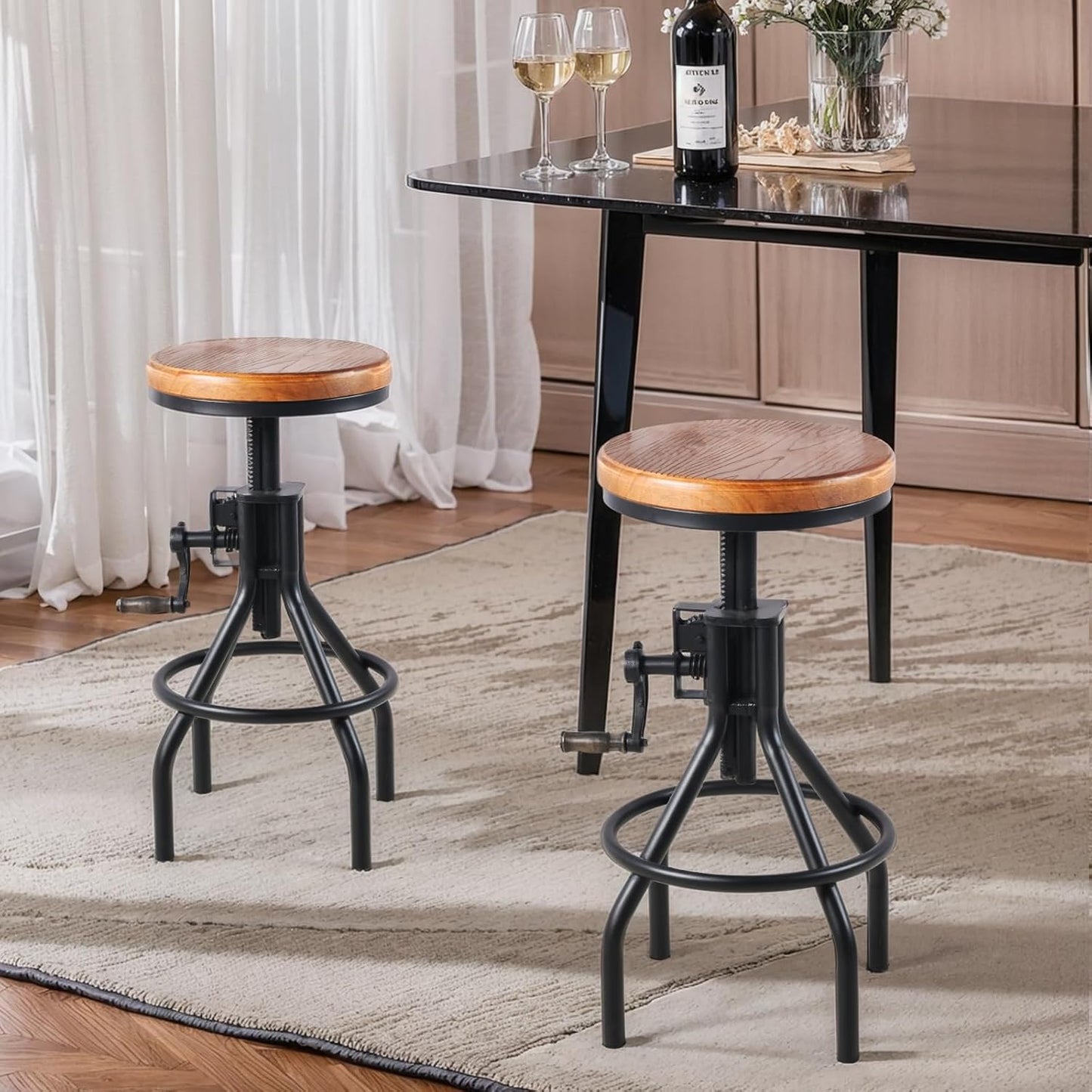 Diwhy Industrial Farmhouse Counter Stool Wooden Seat Height Adjustable with Handle Kitchen Bar Stool Black Set of 2