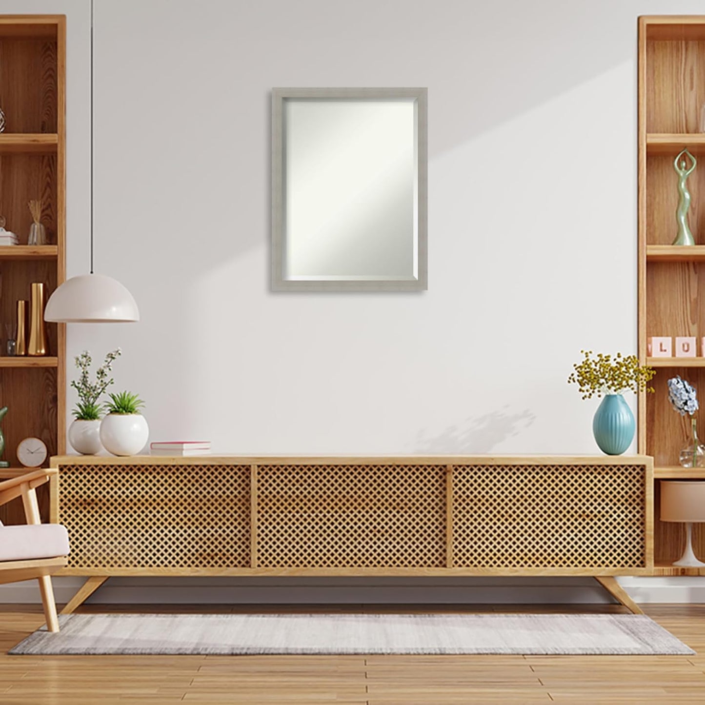 Amanti Art Grey Wall Mirror 26x20 Woodgrain Stripe Grey Rectangle Bathroom Mirror for Wall Decor Living Room, Medium Casual Wood Frame, Hangs Horizonally and Vertically, Bathroom Decor, Beveled Edge