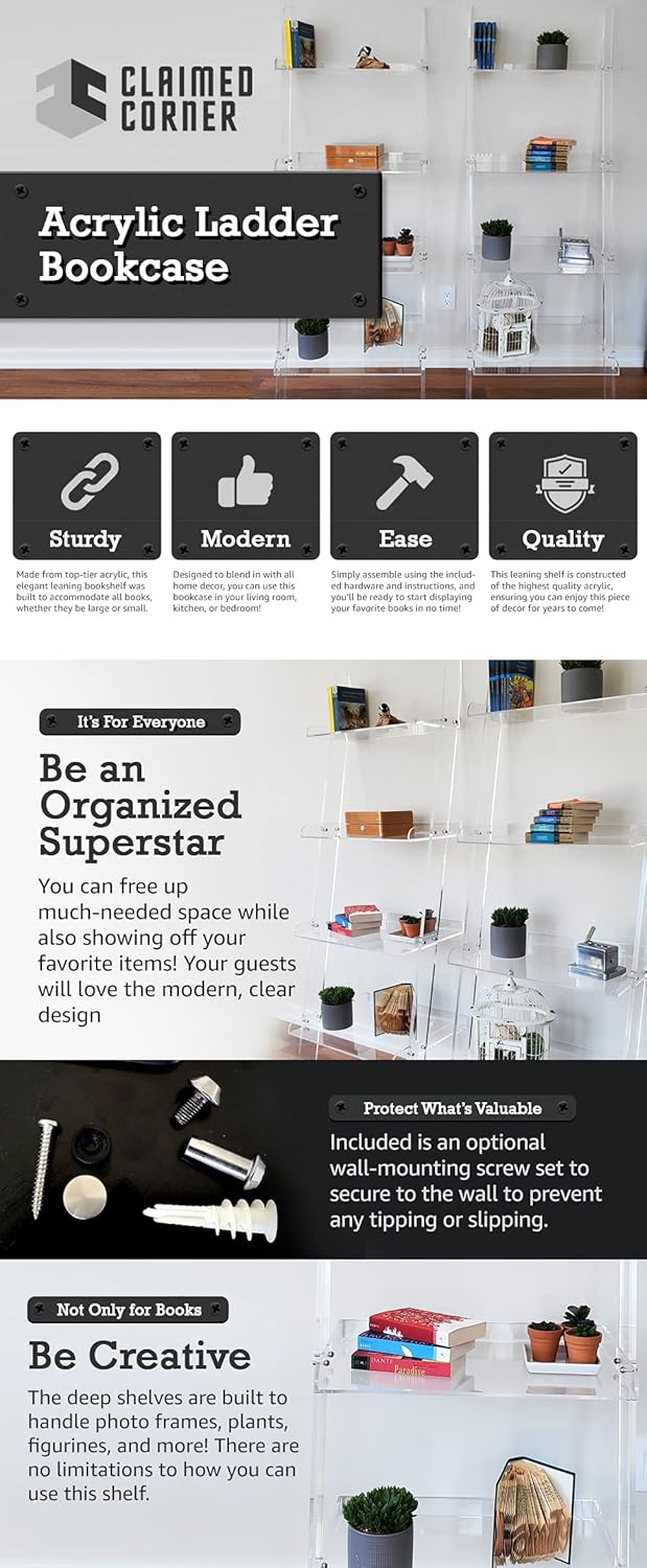 Acrylic Ladder Bookcase – Large Modern Clear Leaning Floating Wall Bookshelf - Standing Decor Display Unit for Open Shelving, Organizer, or Storage in the Living Room, Office, Bedroom, or Bathroom