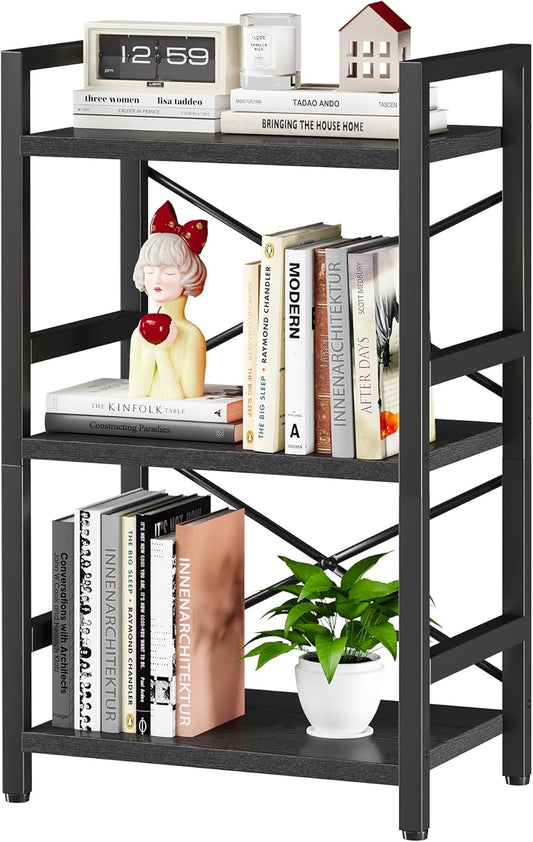 Homeiju Bookshelf, 3 Tier Industrial Bookcase, Metal Small Bookcase, Rustic Etagere Book Shelf Storage Organizer for Living Room, Bedroom, and Home Office(Black) Patent Pending D29873033