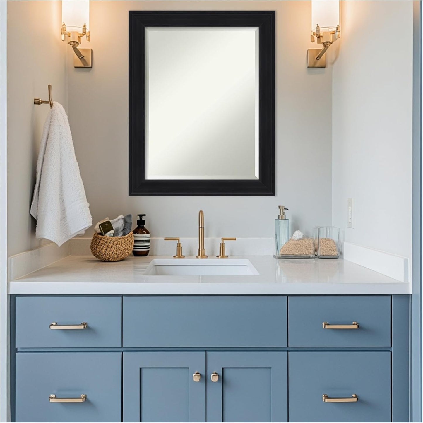 Amanti Art Black Bathroom Mirror for Over Sink, 29x23 Abbey Black Rectangle Vanity Mirror, Medium Traditional Frame, Hangs Horizonally and Vertically, Bathroom Wall Decor, Beveled Edge