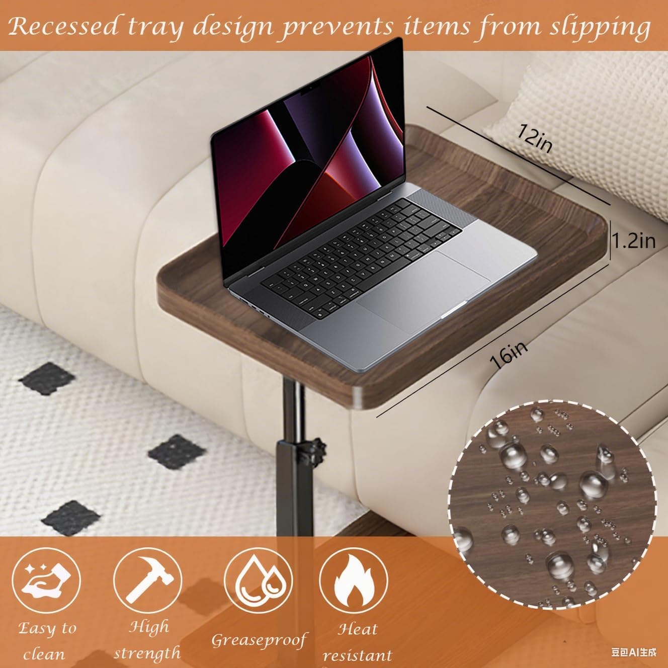 C Table End Table Adjustable Height, 360°Swivel TV Tray Table for Small Spaces, Couch Tables That Slide Under, C Shaped Side Tables with Wheels for Living Room and Bedroom, Bed