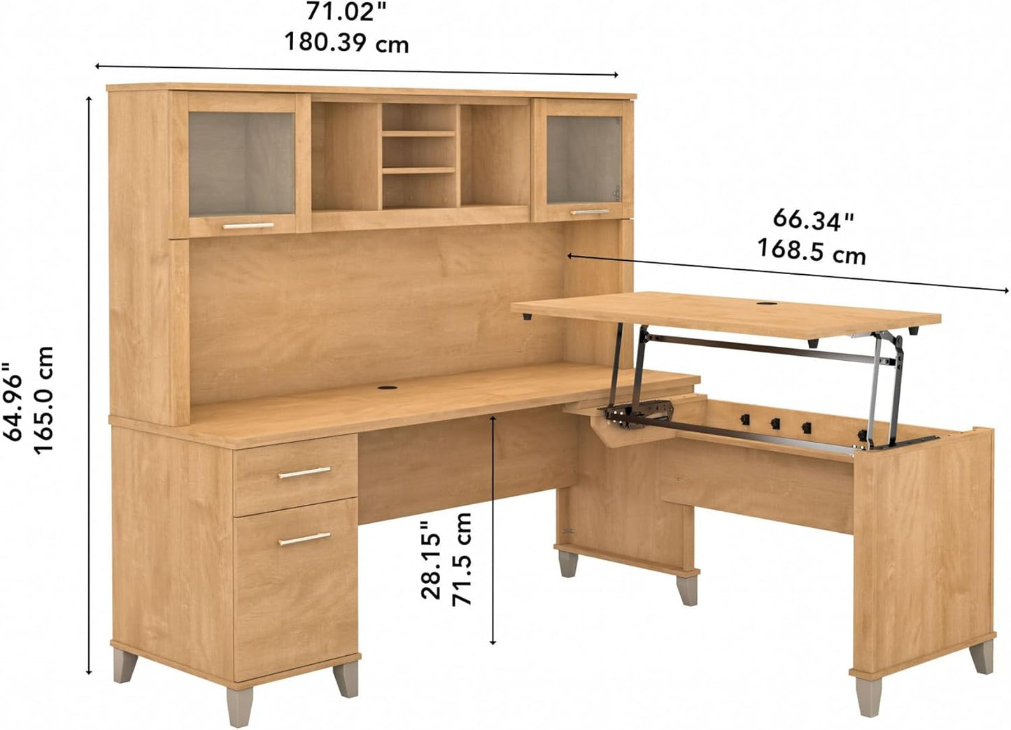 Bush Furniture Somerset 3 Position Sit to Stand L Shaped Desk with Hutch in Maple Cross Ergonomic Height Adjustable Standing Computer/Laptop Table for Home Office