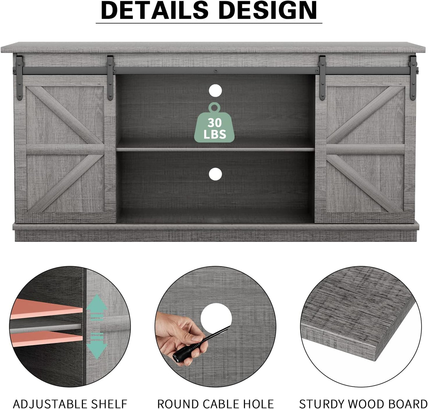 YESHOMY TV Stand for Televisions up to 65 Inches, with Sliding Barn Doors and Storage Cabinets, Console Table and Media Furniture for Living Room, 58 Inch, Gray