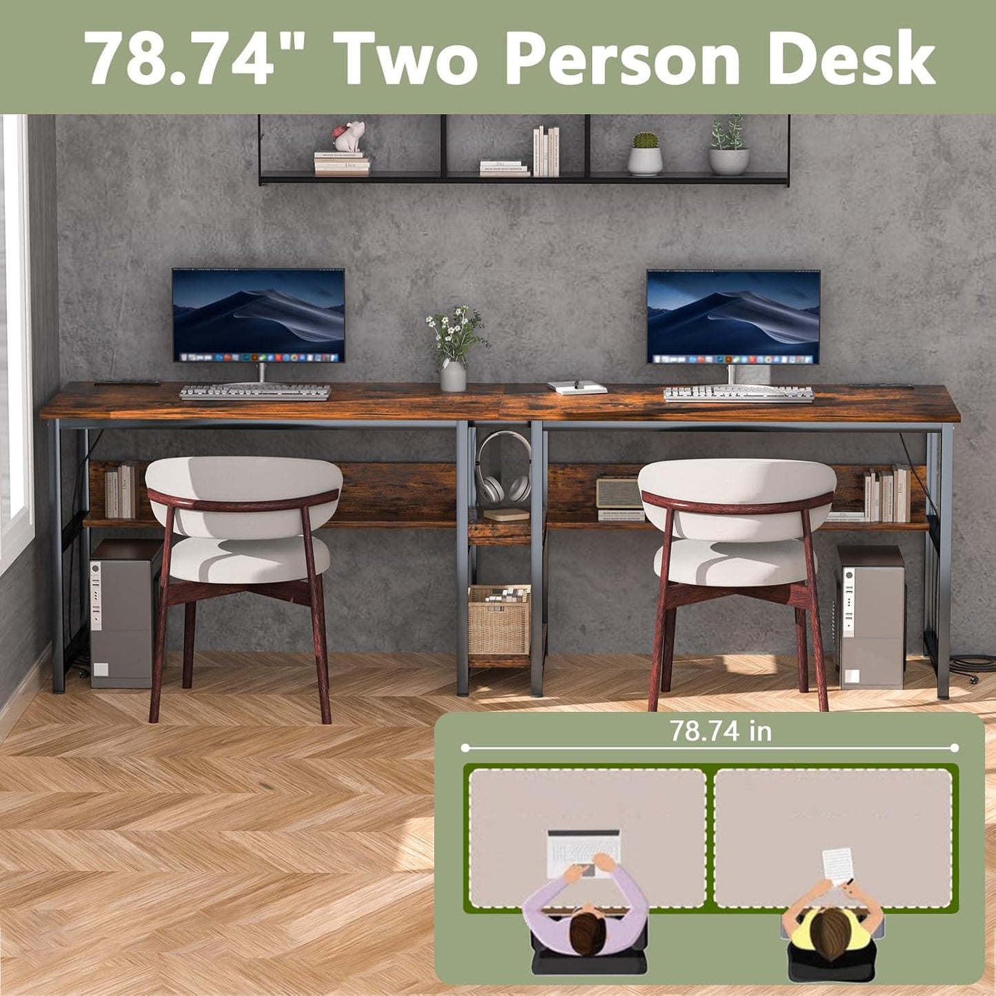 78.74" Two Person Desk with 2 Power Strips, Double Desk with Shelves, Long Computer Desk for Two People, Wood Writing Desk Workstation for Home Office, 23.62"D x 78.74"W x 29.52"H, Rustic Brown