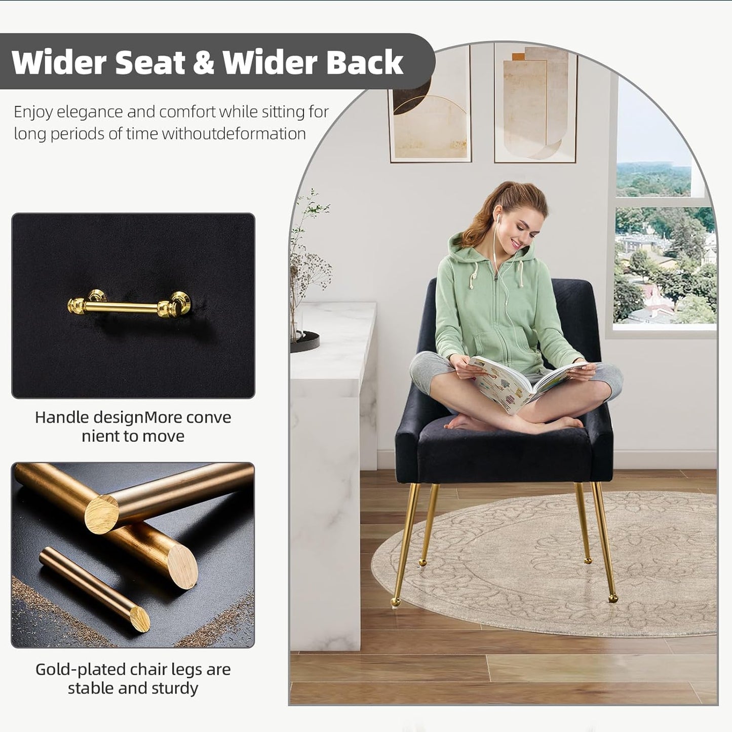 Velvet Dining Chairs Set of 2, Furniture Collection Modern Contemporary Upholstered with Polished Gold Metal Legs(Black)