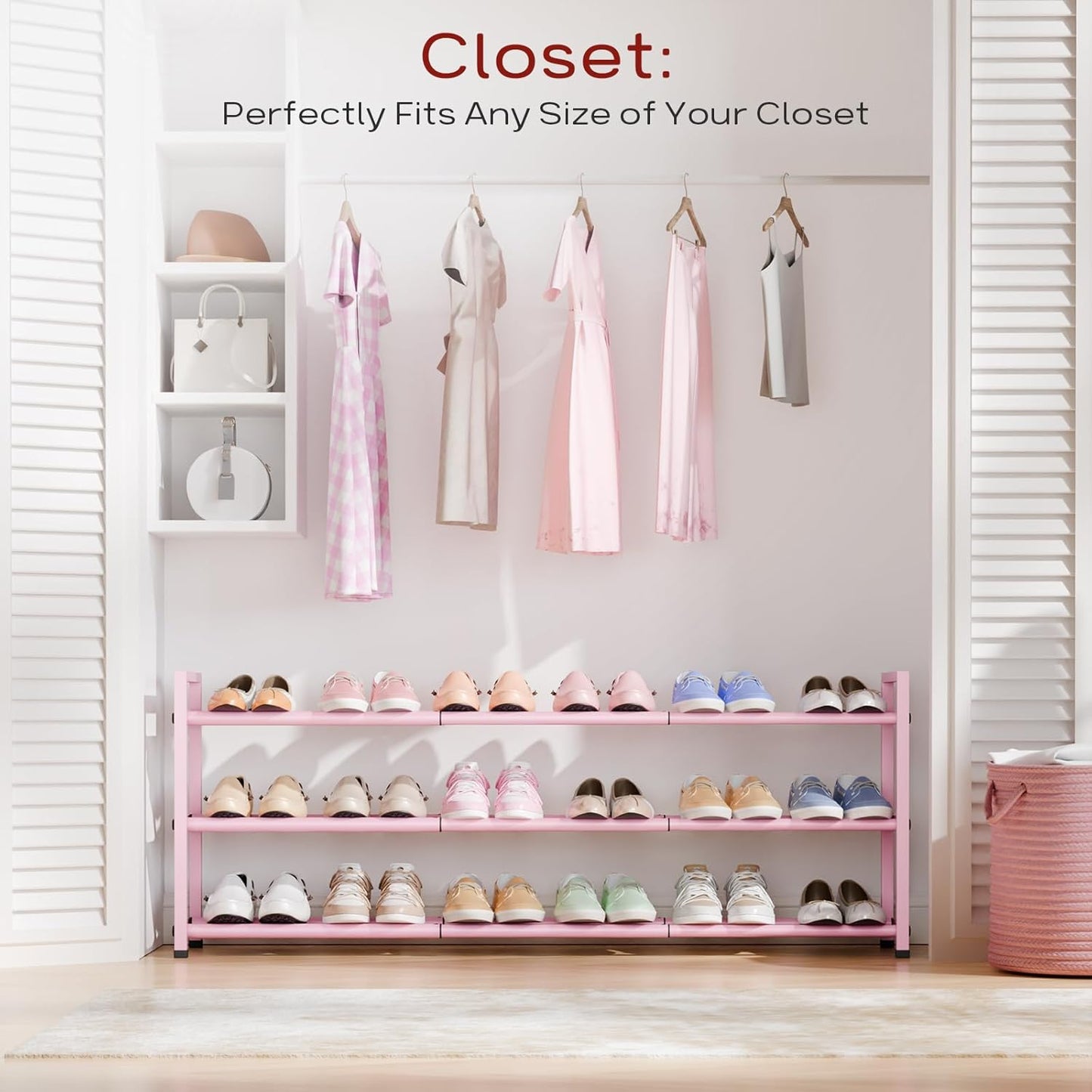 Bumusty 3-Tier Long Expandable Shoe Rack for Closet, 18"-44" Adjustable Shoe Rack for Entryway, 15-18 Pairs Large Shoe Organizer Shelf Storage, Sturdy Metal, Pink