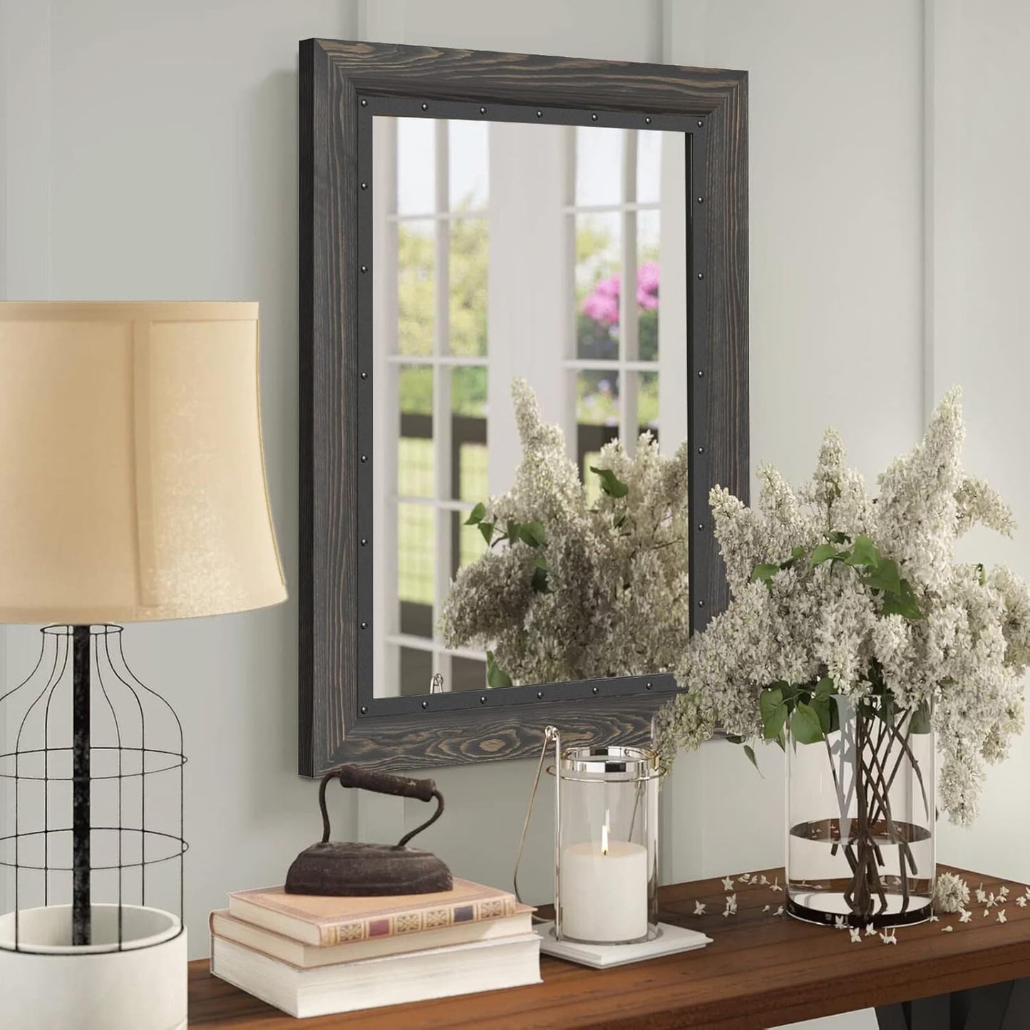 YOSHOOT Rustic Wooden Framed Wall Mirror, 40x30 Inch, Natural Wood and Iron Bathroom Vanity Mirror for Farmhouse Decor, Vertical or Horizontal Hanging