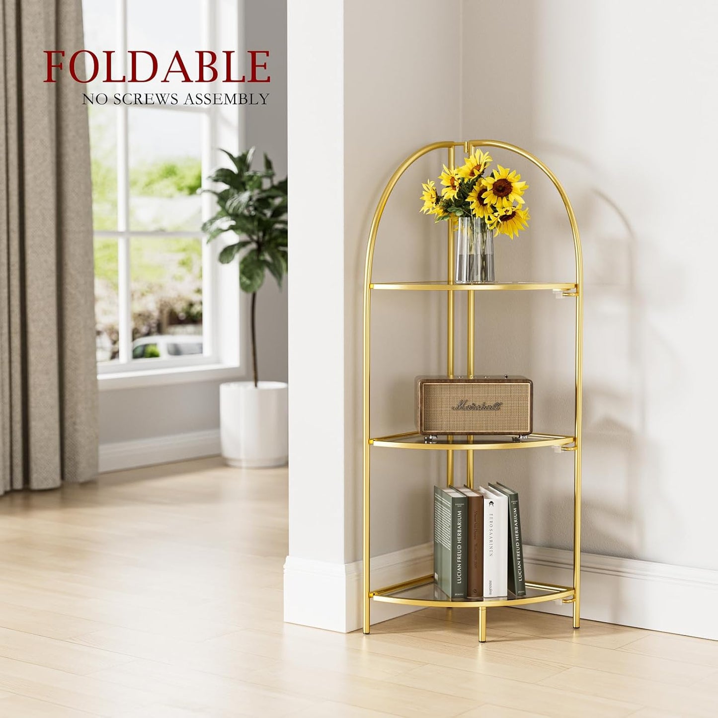 Crofy Foldable 3 Tier Corner Shelf, Metal Corner Plant Stand with Gold Frame and Transparent Shelves, Corner Display Rack Multipurpose Shelving Unit for Living Room, Bedroom, Bathroom