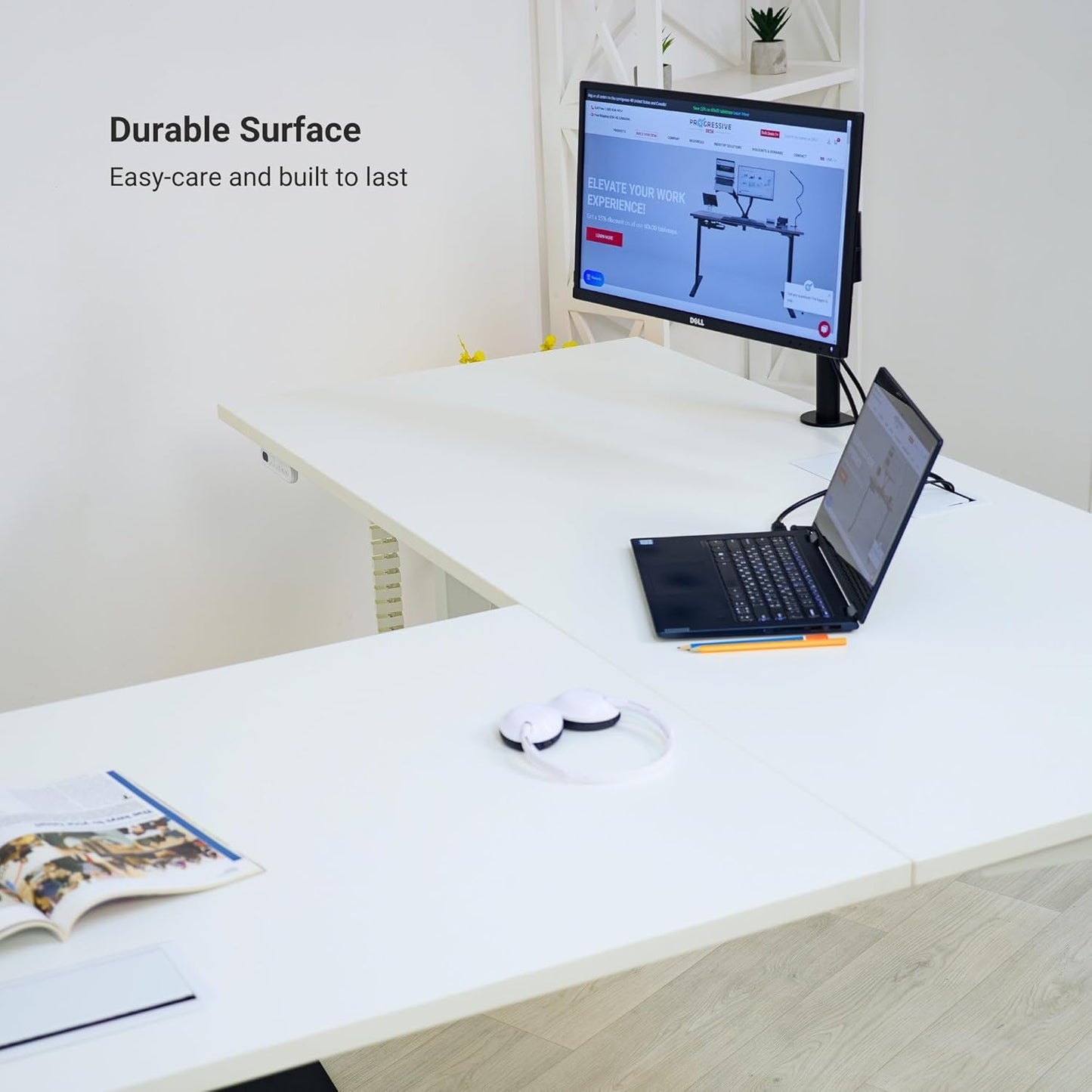 Progressive Desk Stand Up Height Adjustable Electric Standing Desk - L Shaped 60" x 72" Corner Computer Rising Workstation Table - Black Frame, Bright Beech Top