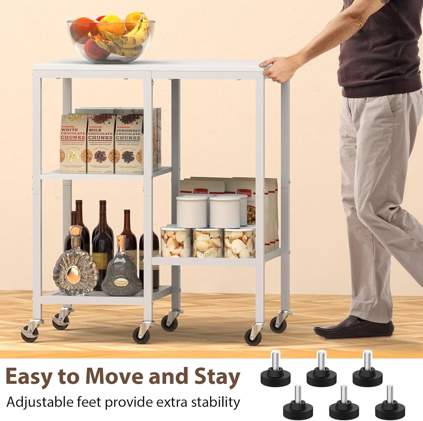 Kitchen Microwave Cart with Wheels,Coffee Bar Table Station,4-Tier Rolling Baker's Oven Rack,Small Appliance Storage Shelf,Utility Trolley Side Table for Kitchen,Office, Living Room (Snowy White)