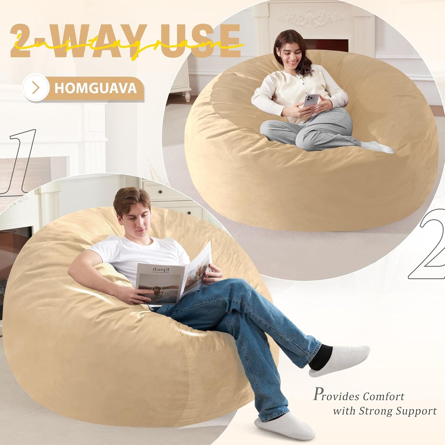 Homguava 6FT Bean Bag Chair Giant BeanBag with Memory Foam Filled, Large Bean Bag Chairs for Adults, Adult Bean Bag Chair with Dutch Velvet Cover for Living Room Bedroom-Khaki