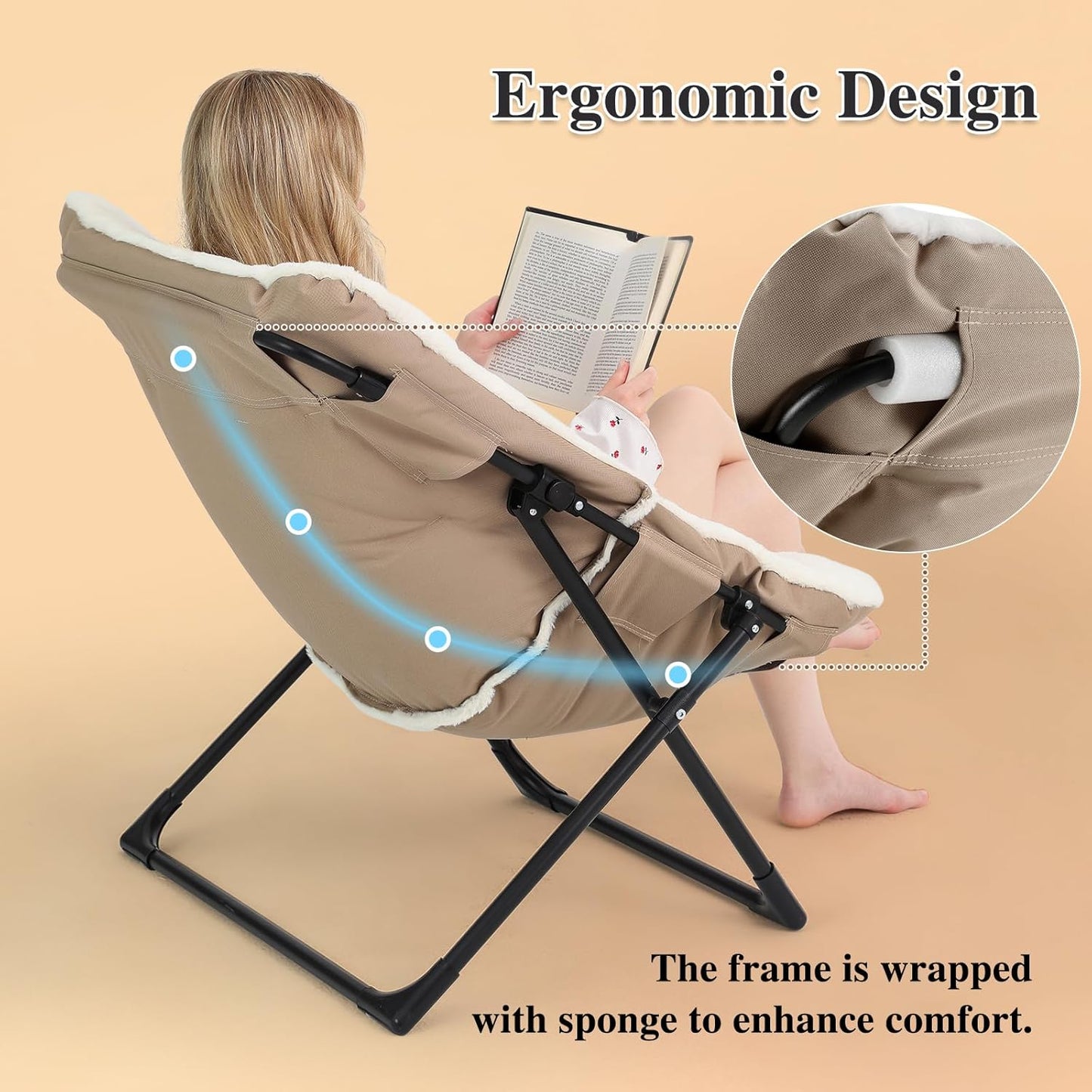 Comfy Saucer Chair for Adults, Soft Faux Fur Bedroom Chair, Accent Dorm Chairs, Flexible Living Room Reading Chairs, Oversized Folding Lounge Seat for Teens, X-Large, White