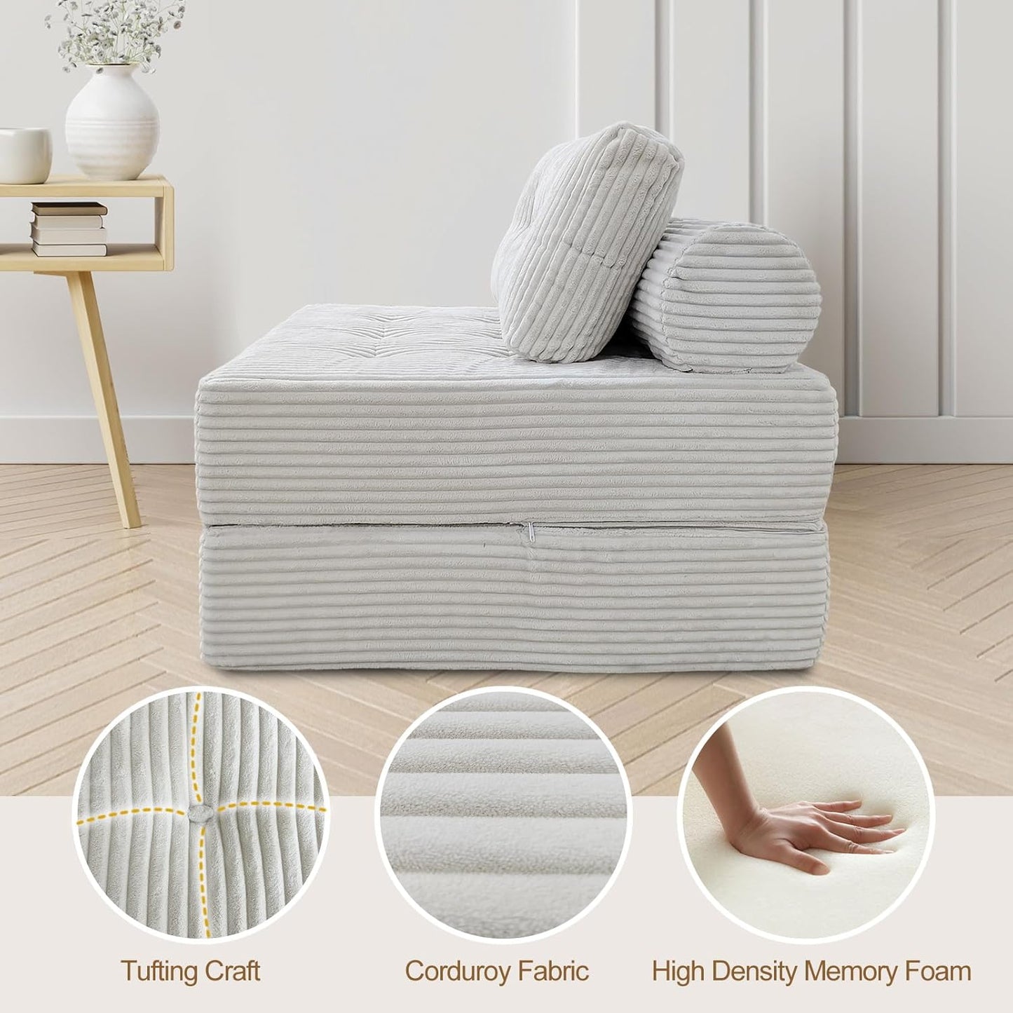 ANONER Folding Sofa Bed, Versatile Convertible Sleeper Chair with Pillow, Futon Fold Out Chair Bed, Memory Foam Chaise Lounge, Cozy Floor Couch for Living Room and Bedroom, Beige