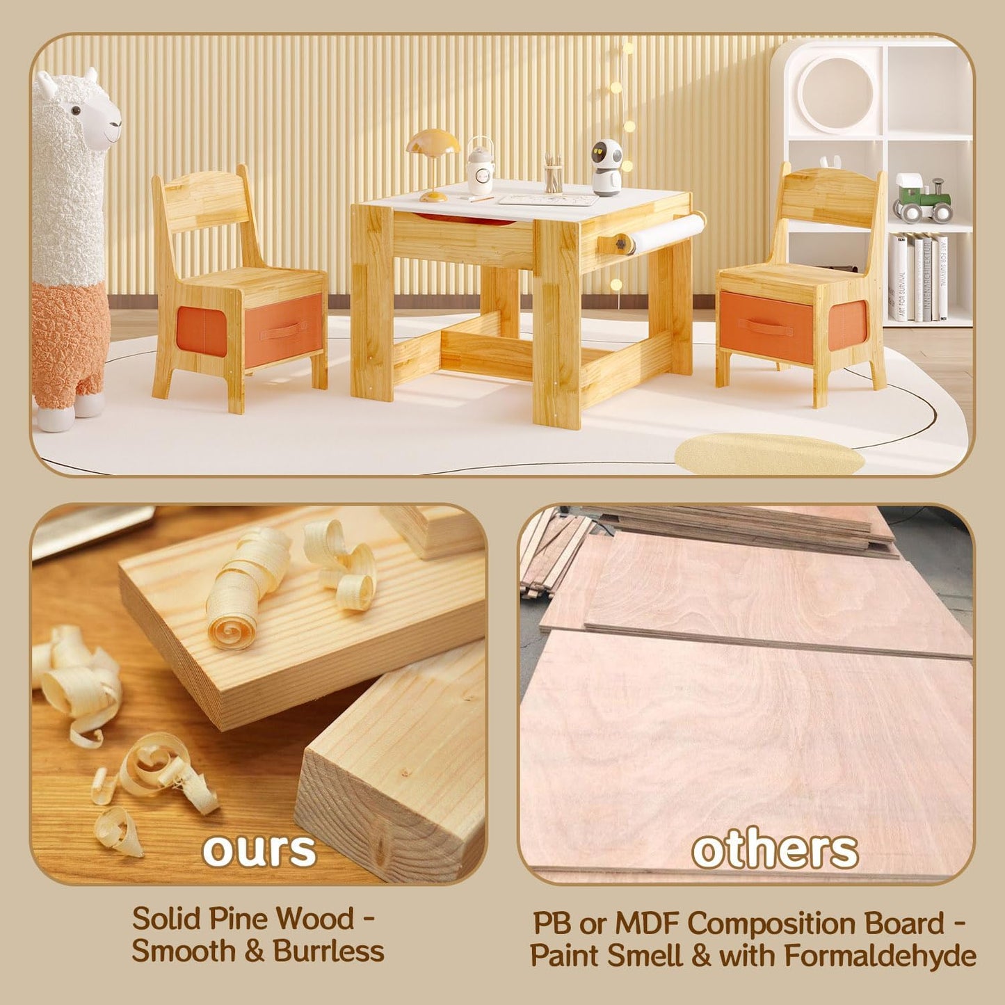 Pinewood Kids Table and Chair Set, 3 in 1 Toddlers Wooden Art Activity Table Desk with Chairs and Storage, Children Removable Tabletop, Blackboard, Natural