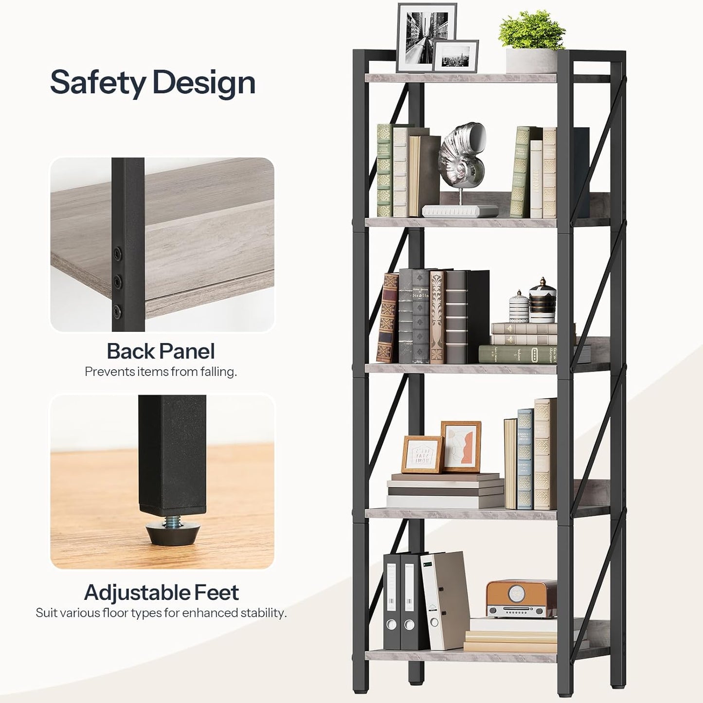 HOOBRO Bookshelf, 5-Tier Industrial Bookcase, Book Shelf Storage Organizer, Tall Bookshelf with Metal Frame for Living Room, Bedroom, Home Office, Kitchen, Greige and Black BG73SJ01
