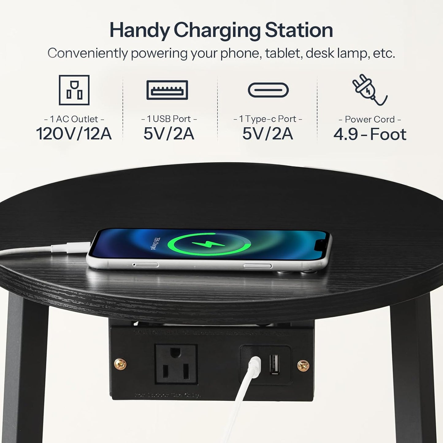 HOOBRO Small Round Side Table with Charging Station, Round End Accent Table with Fabric Storage Basket, Compact Circle Nightstand for Small Space in Living Room, Bedroom, Black BB169UBZ01