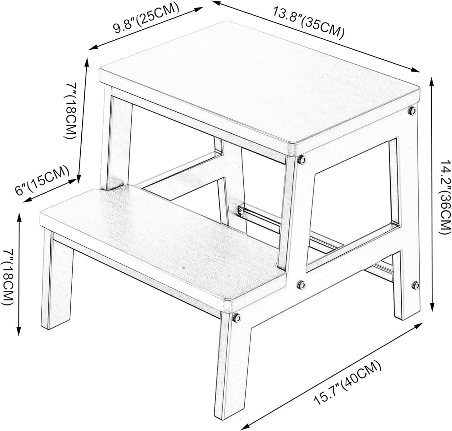 2 Step Wooden Step Stools for Adults Non-Slip, Sturdy Bed Steps for High Beds Easy Assembly, Portable Two Step Stool for Kitchen Bathroom Bedroom - Holds Up to 500 Lb