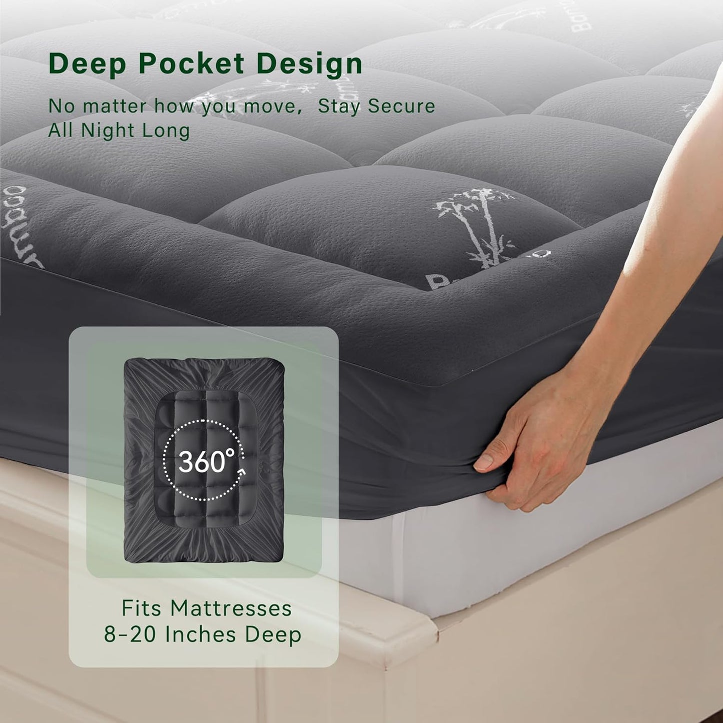 Anluoer Memory Foam Mattress Topper Full for Back Pain, Rayon Derived from Bamboo Pillow Top Mattress Topper for Hot Sleepers,Cooling Mattress Pad with 8-21" Deep Pocket, 54x75 Inches, Dark Grey