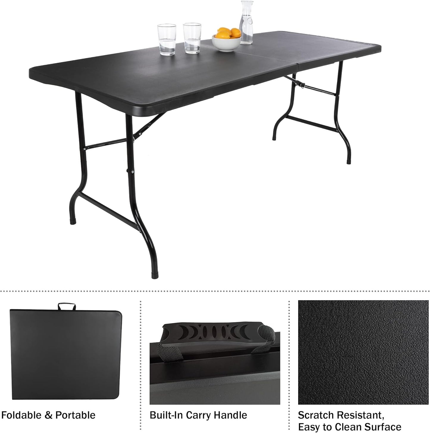 Everyday Home Folding Table - Lightweight Portable Folding Desk - 6-Foot-Long Plastic Table for Camping, Playing Cards, Parties, and Dining (Black)