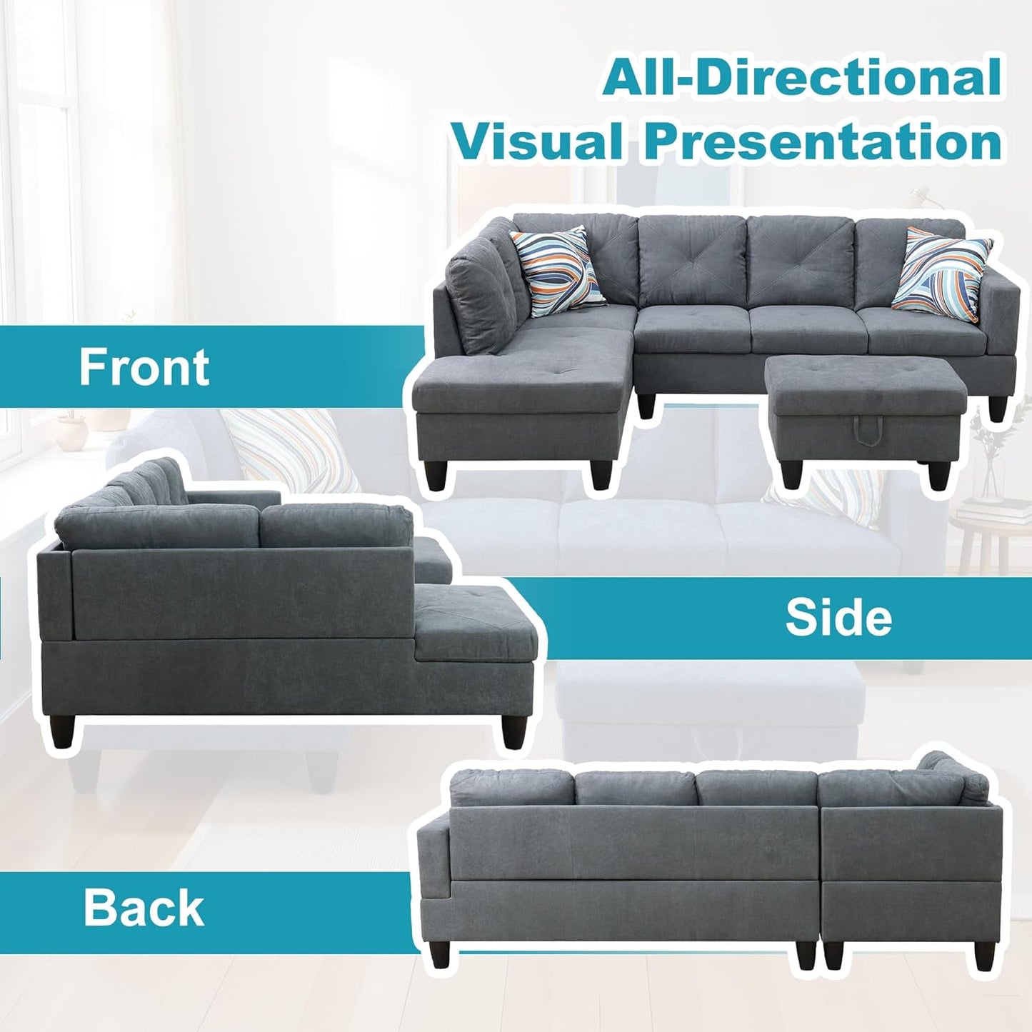 L Shaped Couch Modern Sectional Couch Upholstered Flannelette Fabric 3 Pieces Sofas for Living Room with Chaise, Storage Ottoman for Office and Small Apartment, Dark Grey