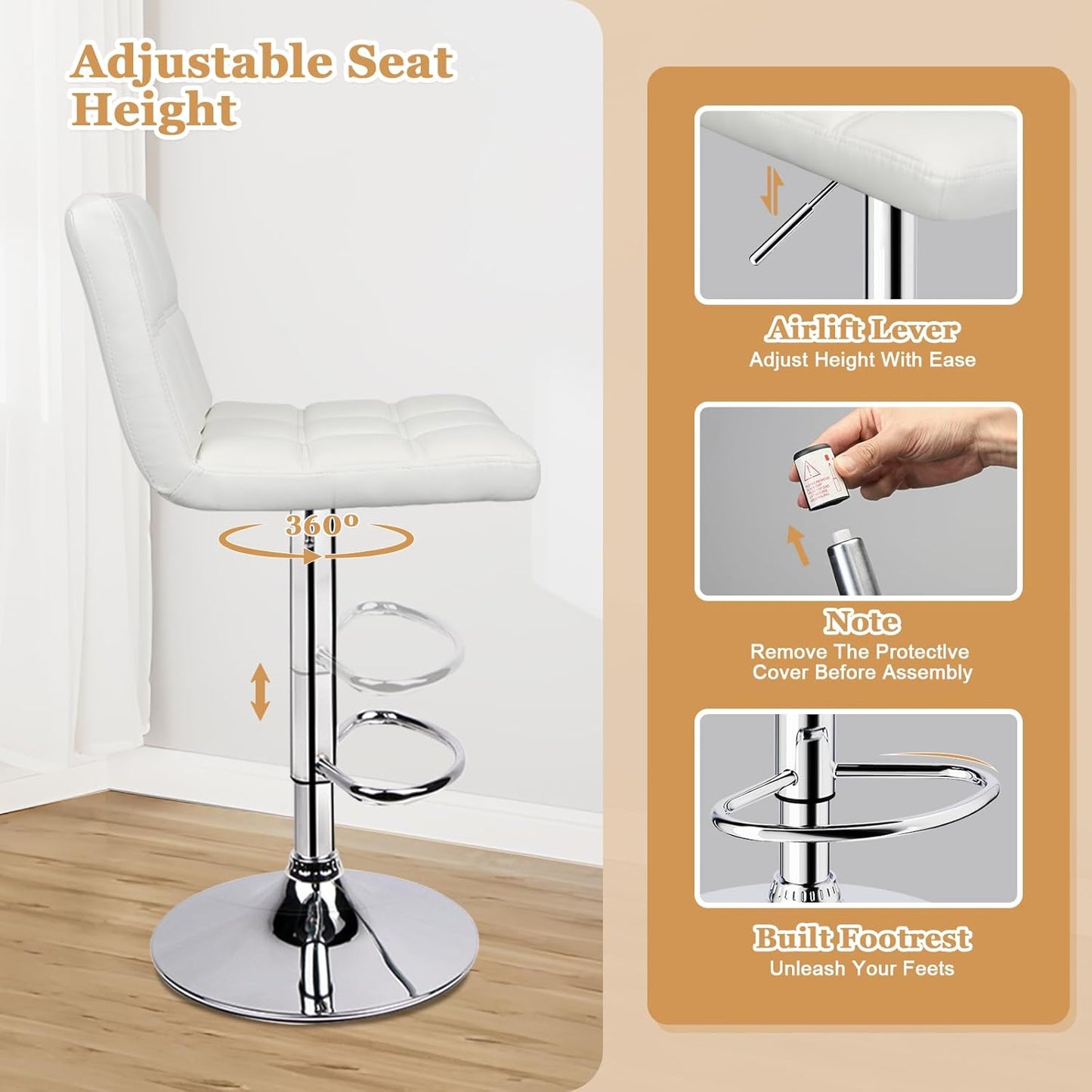 Bar Stools Set of 2,Armless Adjustable Swivel Barstools with Back,6-Squares Double Needle PU Leather Counter Height Bar Stools for Kitchen Island,White