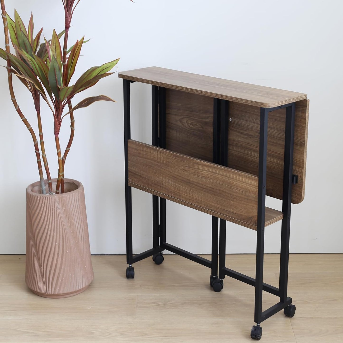Mobile Foldable Desk w/Wheels and Feet Pads, Foldable Computer Desk, Folding Desk, Small Computer Desk for Small Spaces, Folding Table for Office Bedroom Living Room-Rustic Brown