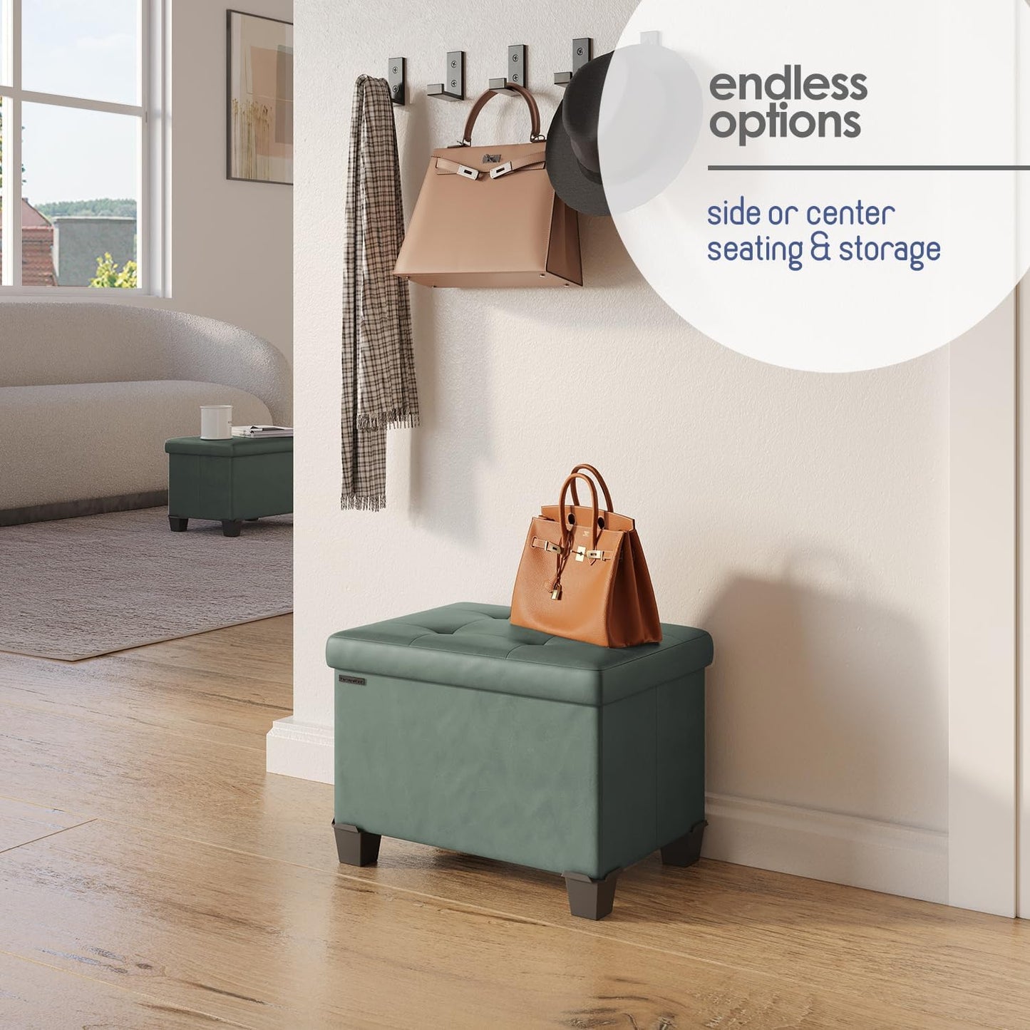 STORAGEBUD Storage Ottoman Cube with Small Bin, 16-in Square Ottoman with Storage for Living Room and Bedroom, Small Ottomans Foot Rest, Faux Leather Foot Stools Ottomans Max 330lbs, Green