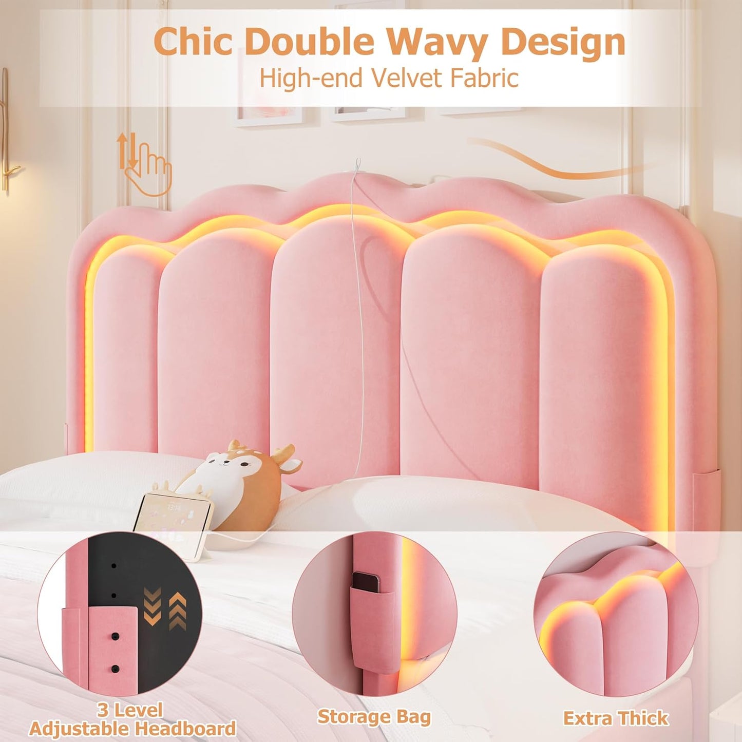 Full Upholstered LED Bed Frame with 2 Storage Drawers and Adjustable Chic Double Wavy Headboard, Velvet Princess Platform Bed with Charing Station, Solid Wood Slats Support,No Box Spring Needed, Pink