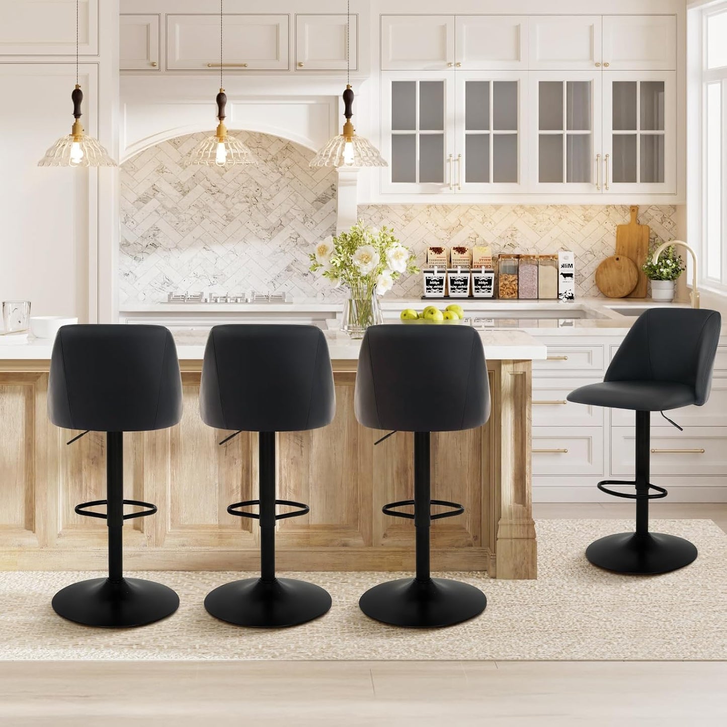 COLAMY Bar Stools Set of 6, Modern Swivel Bar Chairs, Adjustable PU Leather Upholstered Barstools Counter Height with Full Backrest for Bar, Dining Room, Kitchen Island, Black